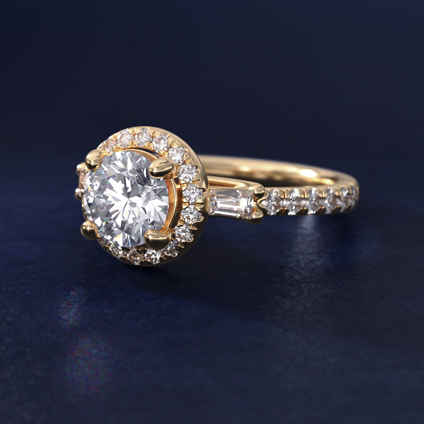 Vintage Baguette Halo Diamond Engagement Ring in 14K Yellow Gold (1/2 ct. tw.) By Zac Zac Posen - Round Center