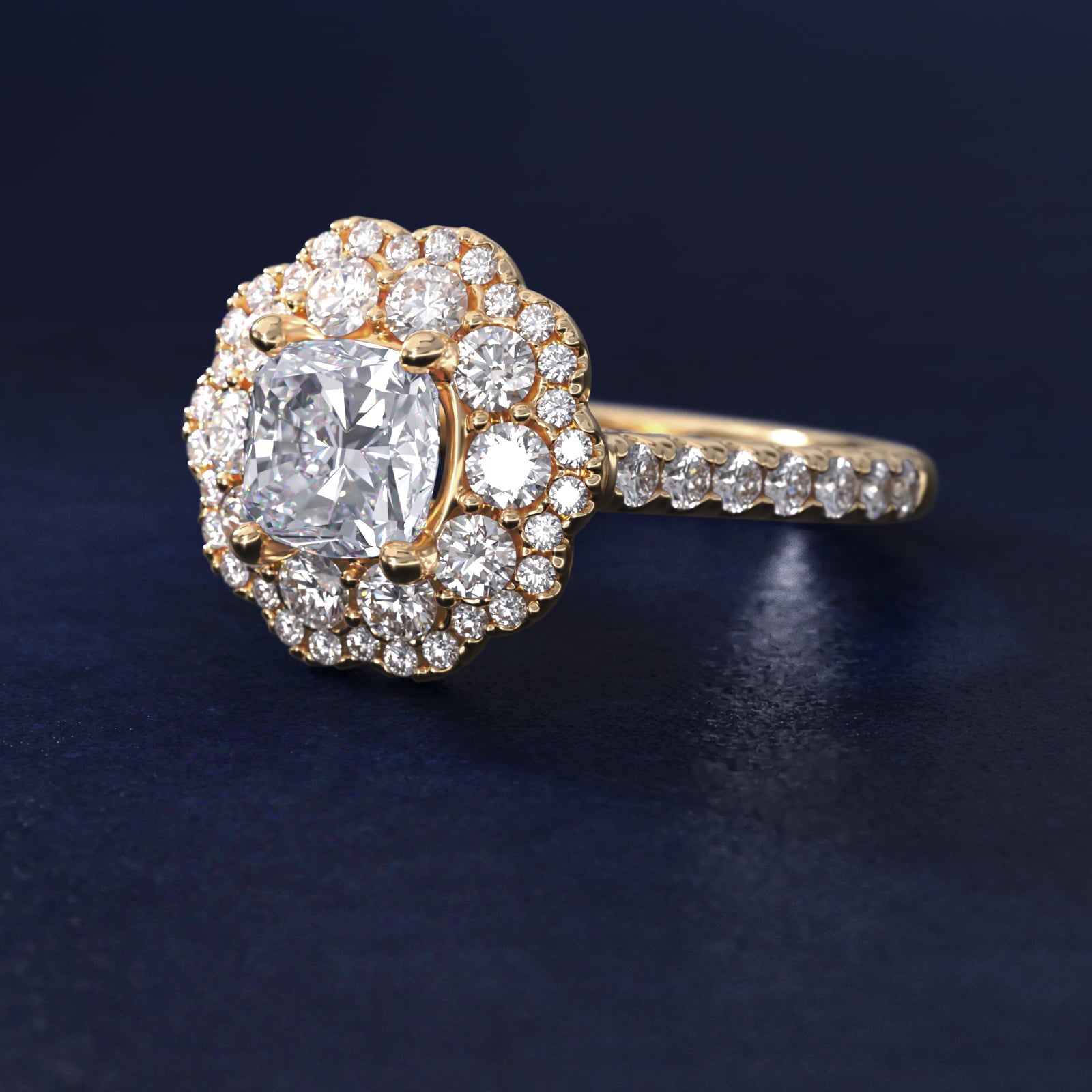 Vintage Diamond Halo Engagement Ring in 14k Yellow Gold (5/8 ct. tw.) - Cushion Center