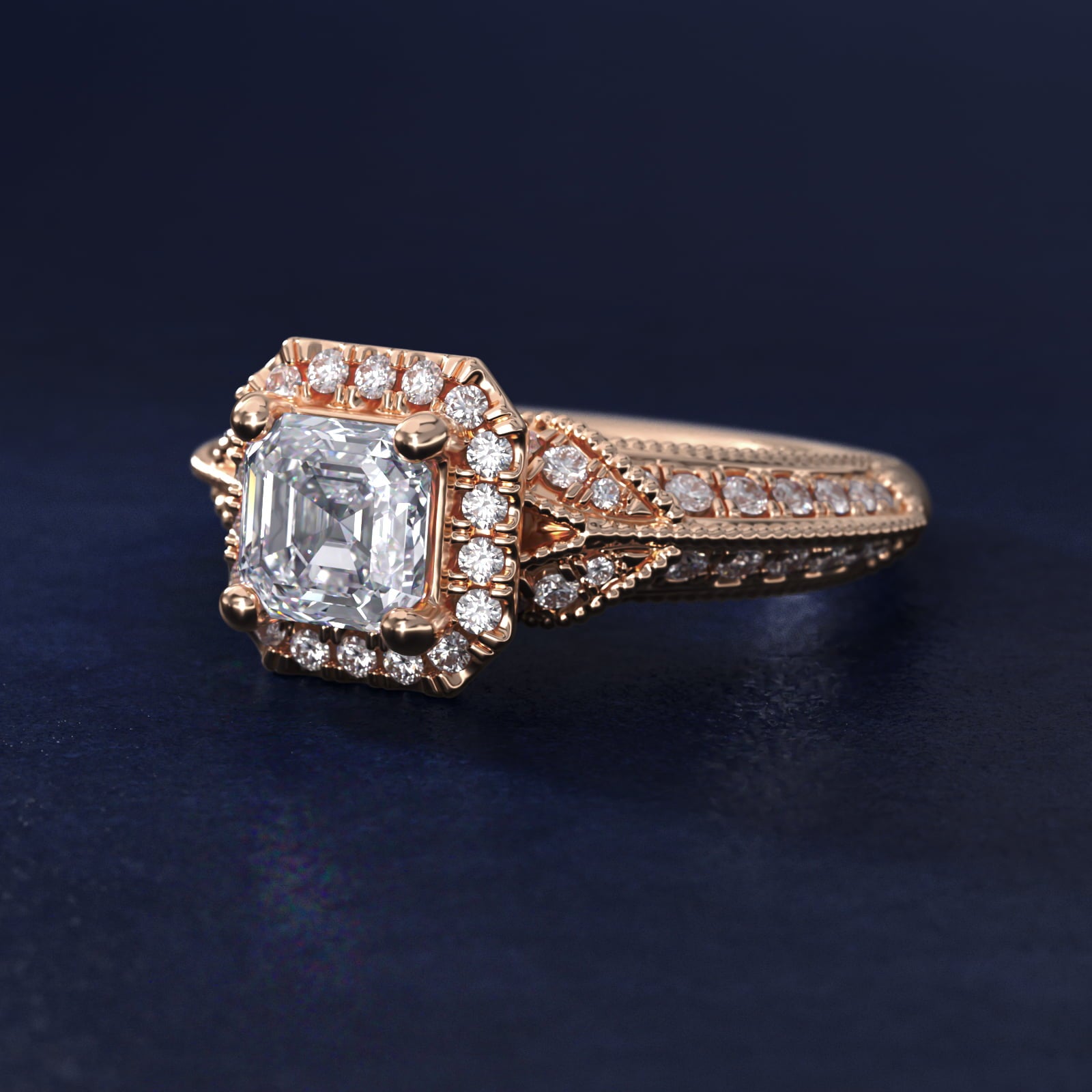 Vintage Inspired Halo Diamond Engagement Ring in 14k Rose Gold By Zac Zac Posen - Asscher Center
