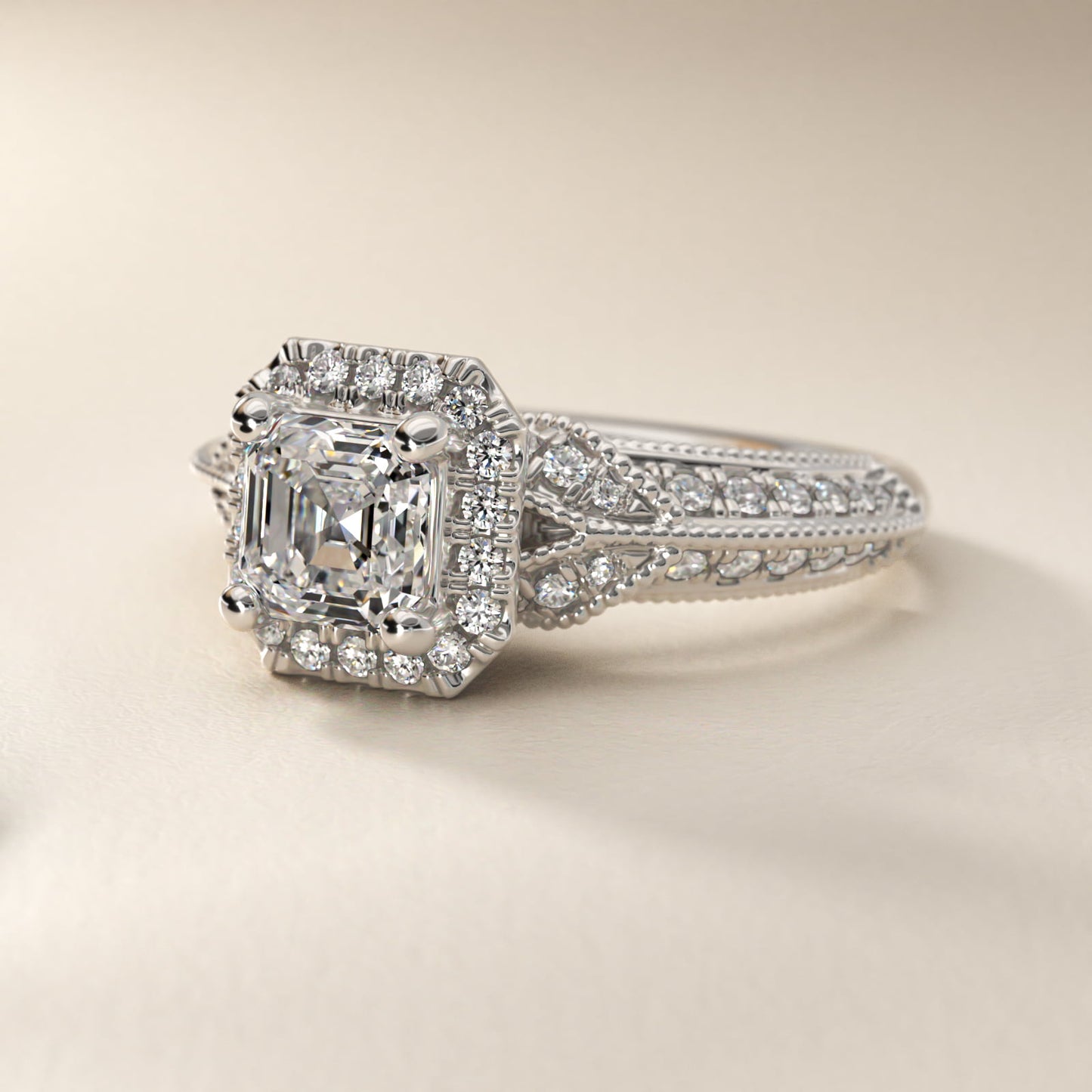 Vintage Inspired Halo Diamond Engagement Ring in 18k White Gold By Zac Zac Posen - Asscher Center