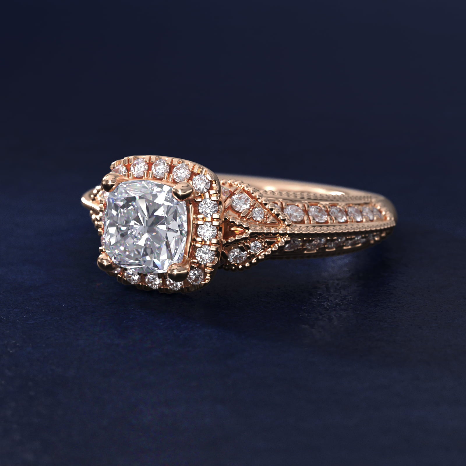 Vintage Inspired Halo Diamond Engagement Ring in 14k Rose Gold By Zac Zac Posen - Cushion Center