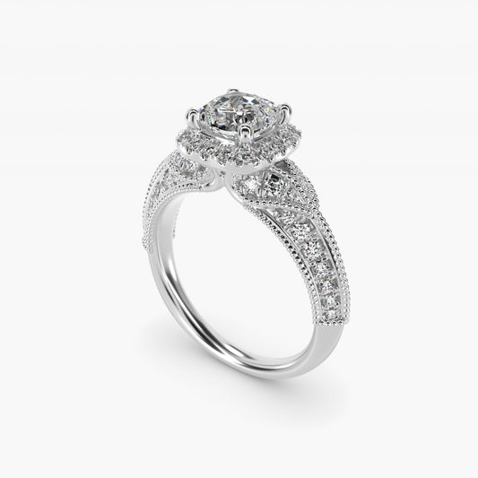 Vintage Inspired Halo Diamond Engagement Ring in 14k White Gold By Zac Zac Posen - Cushion Center