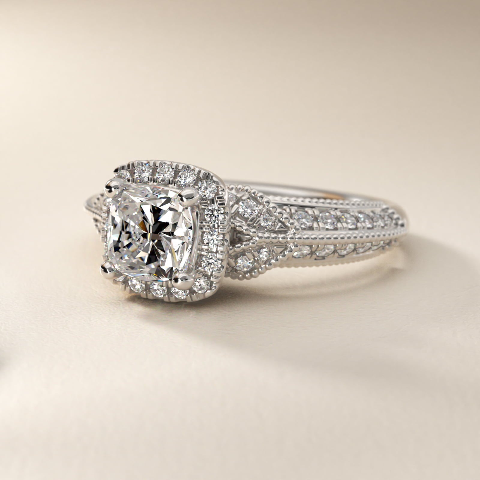 Vintage Inspired Halo Diamond Engagement Ring in 18k White Gold By Zac Zac Posen - Cushion Center