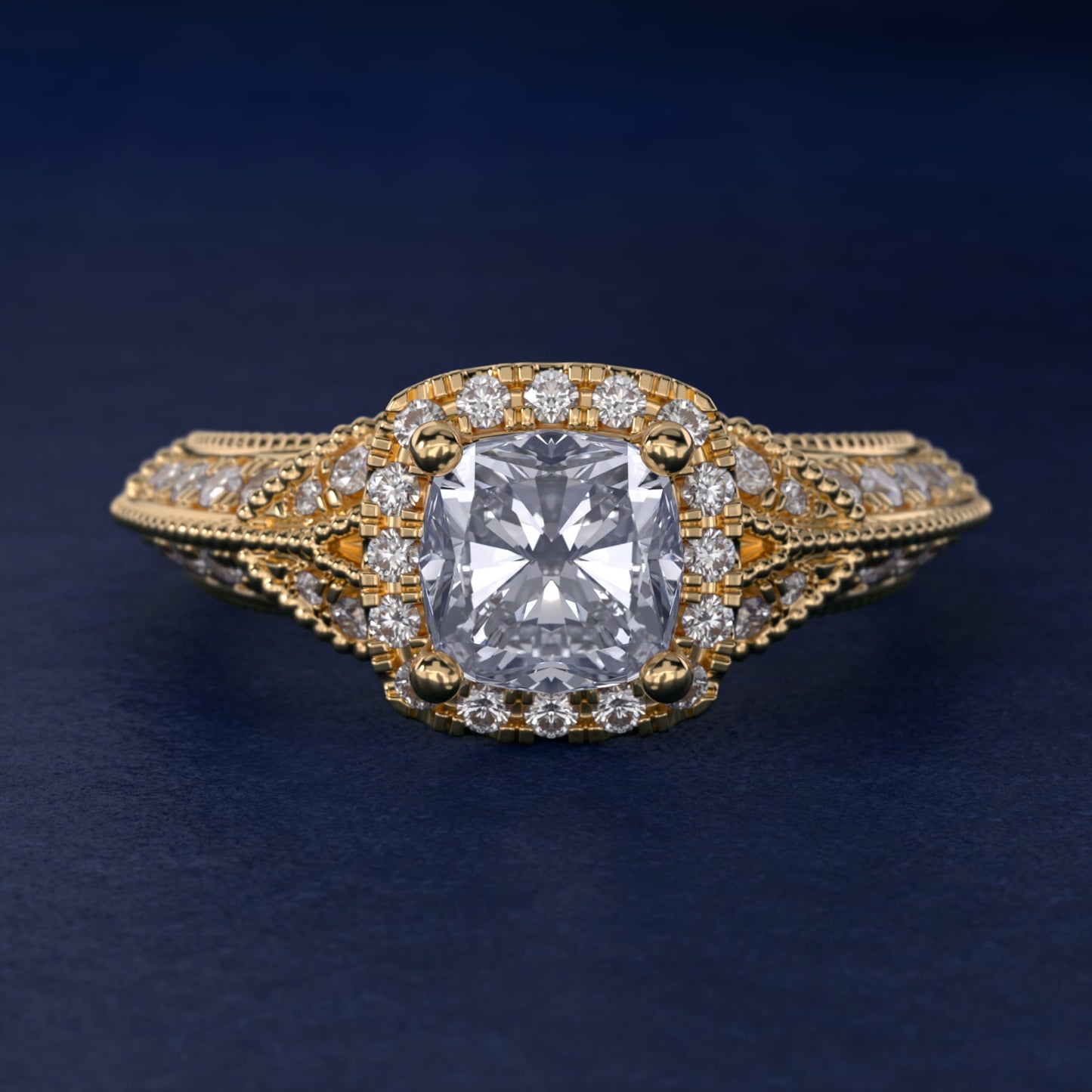 Vintage Inspired Halo Diamond Engagement Ring in 14K Yellow Gold By Zac Zac Posen - Cushion Center