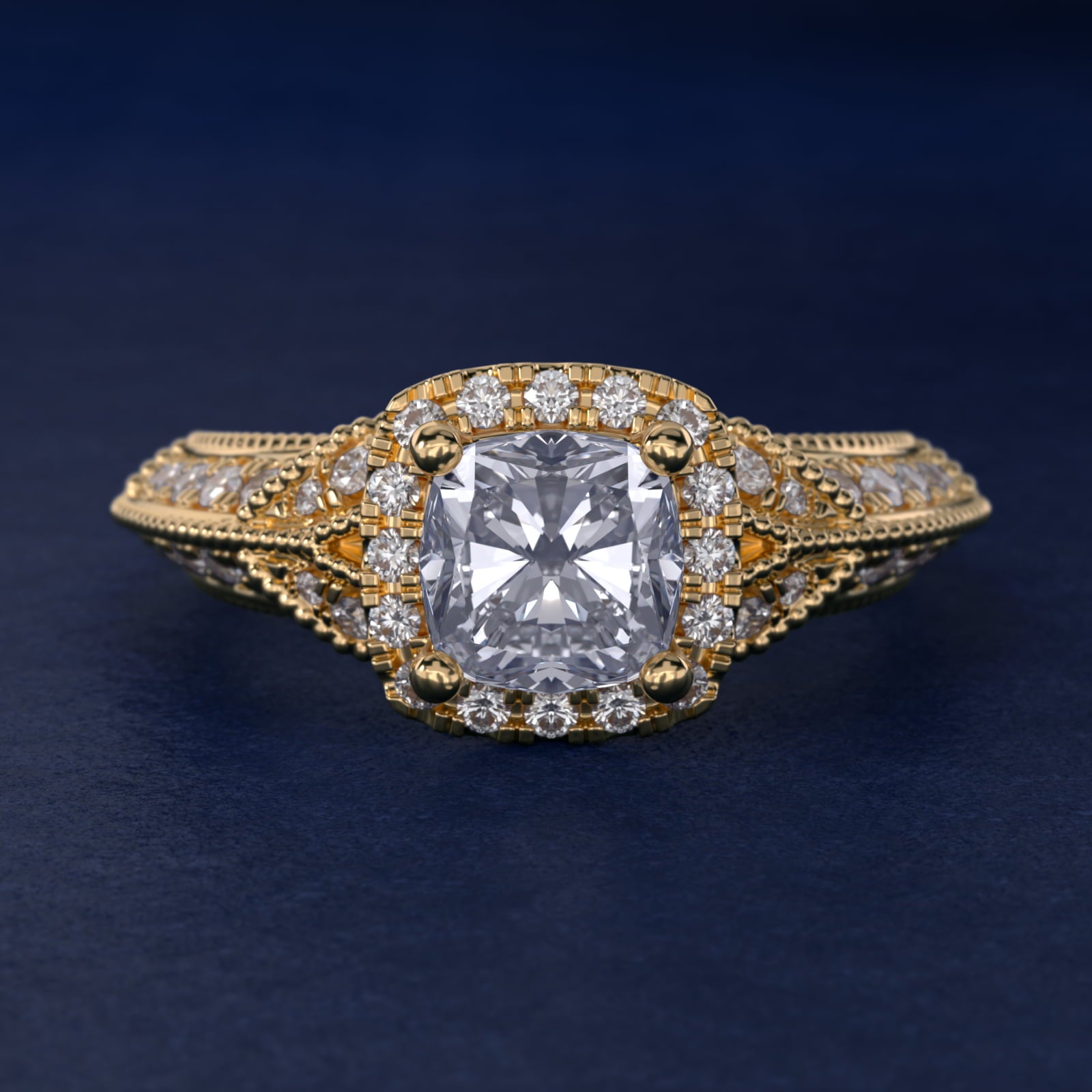 Vintage Inspired Halo Diamond Engagement Ring in 14K Yellow Gold By Zac Zac Posen - Cushion Center