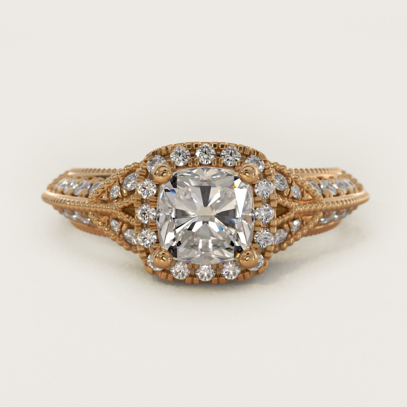 Vintage Inspired Halo Diamond Engagement Ring in 14K Yellow Gold By Zac Zac Posen - Cushion Center