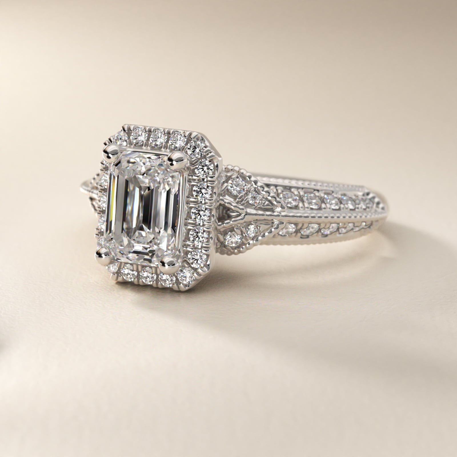 Vintage Inspired Halo Diamond Engagement Ring in 14k White Gold By Zac Zac Posen - Emerald Center