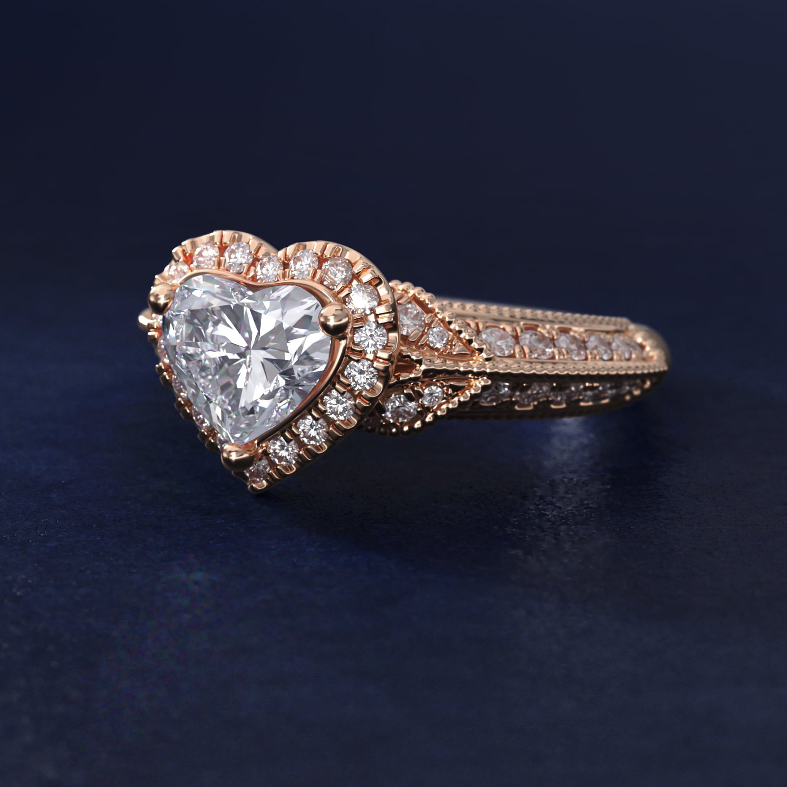 Vintage Inspired Halo Diamond Engagement Ring in 18k Rose Gold By Zac Zac Posen - Heart Center