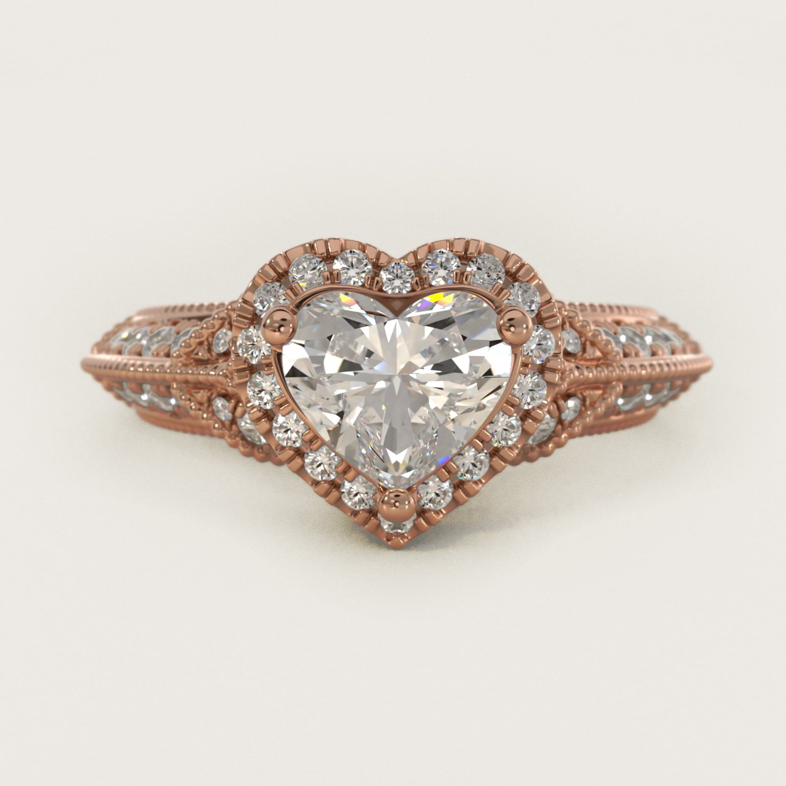 Vintage Inspired Halo Diamond Engagement Ring in 14k Rose Gold By Zac Zac Posen - Heart Center