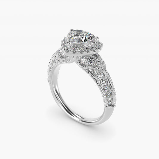 Vintage Inspired Halo Diamond Engagement Ring in 18k White Gold By Zac Zac Posen - Heart Center