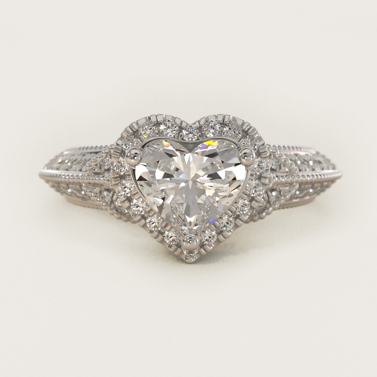 Vintage Inspired Halo Diamond Engagement Ring in 14k White Gold By Zac Zac Posen - Heart Center