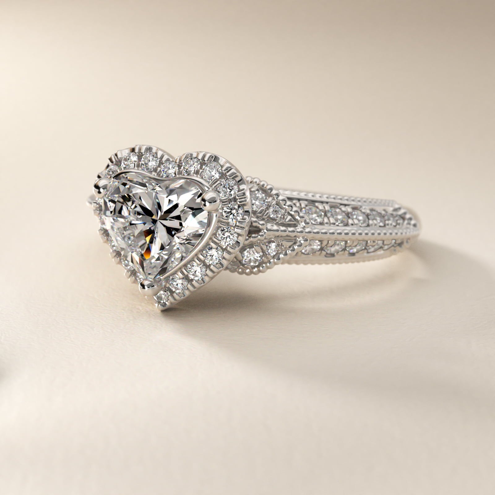 Vintage Inspired Halo Diamond Engagement Ring in 14k White Gold By Zac Zac Posen - Heart Center
