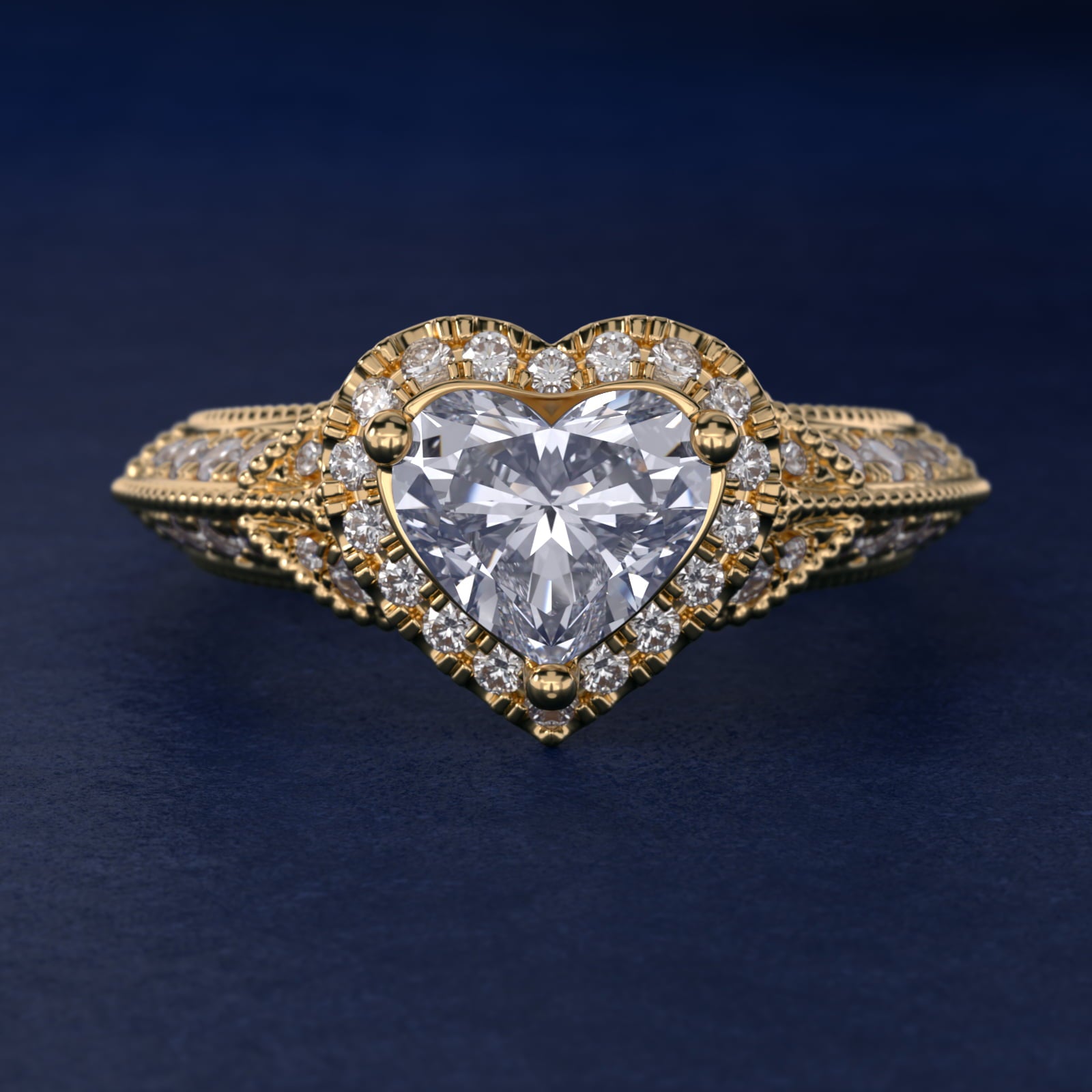 Vintage Inspired Halo Diamond Engagement Ring in 14K Yellow Gold By Zac Zac Posen - Heart Center