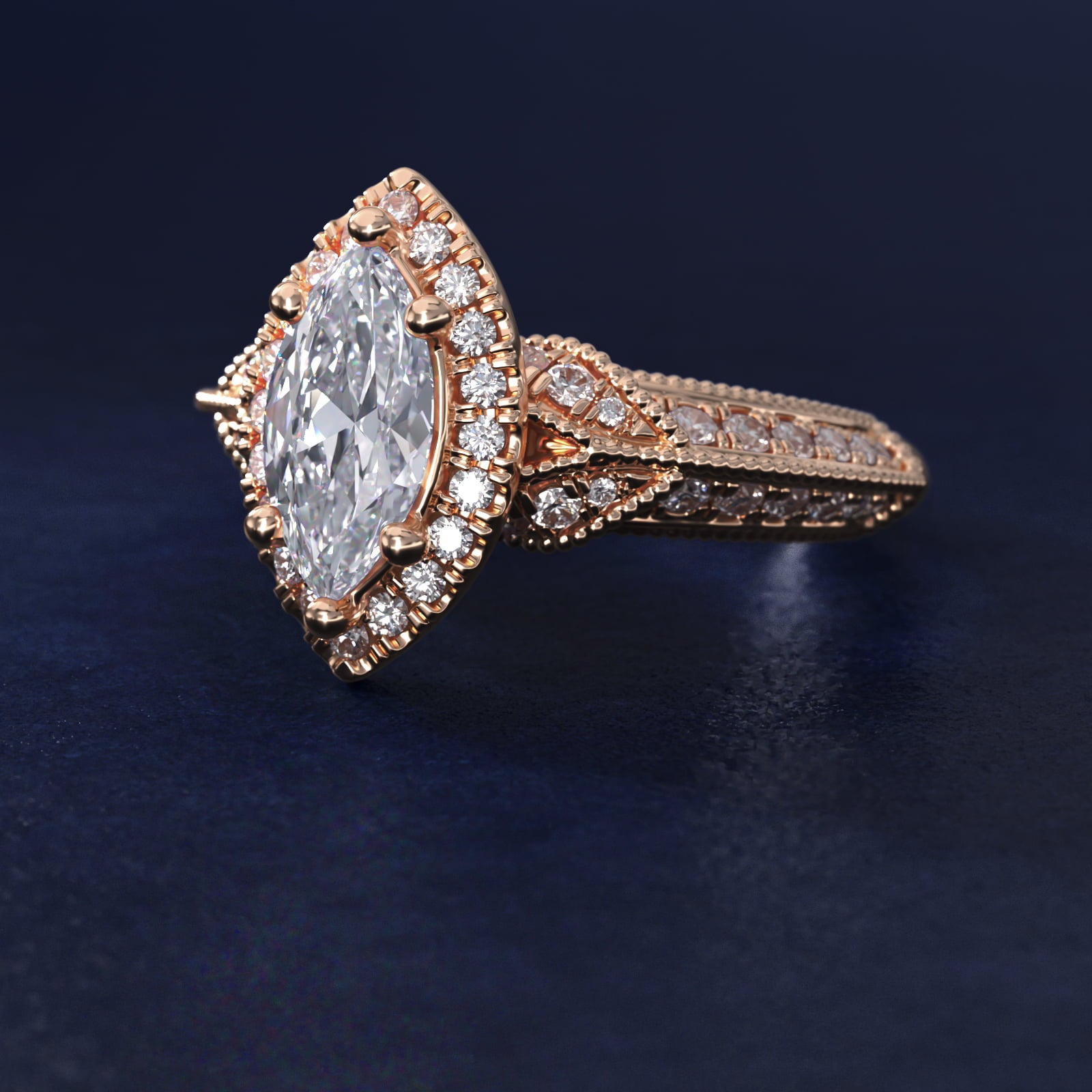 Vintage Inspired Halo Diamond Engagement Ring in 14k Rose Gold By Zac Zac Posen - Marquise Center