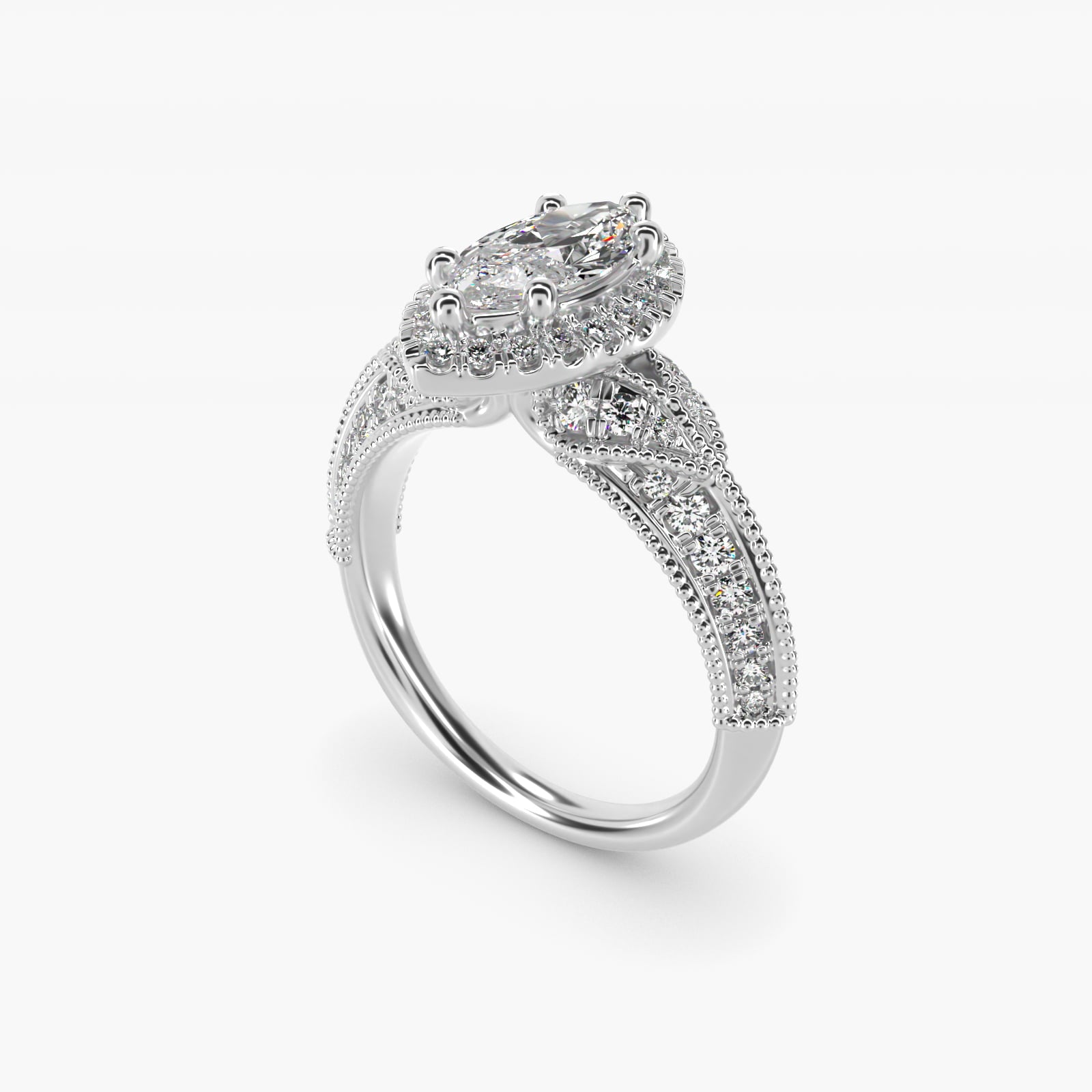Vintage Inspired Halo Diamond Engagement Ring in 14k White Gold By Zac Zac Posen - Marquise Center