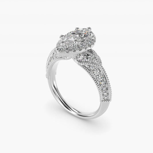 Vintage Inspired Halo Diamond Engagement Ring in 14k White Gold By Zac Zac Posen - Marquise Center