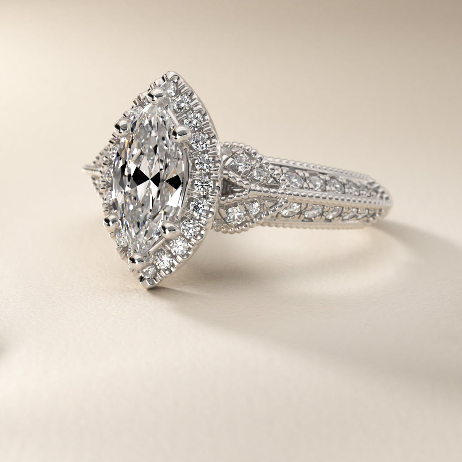 Vintage Inspired Halo Diamond Engagement Ring in 14k White Gold By Zac Zac Posen - Marquise Center