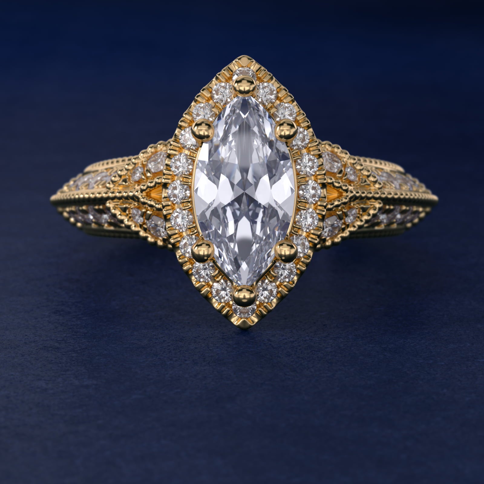 Vintage Inspired Halo Diamond Engagement Ring in 14K Yellow Gold By Zac Zac Posen - Marquise Center