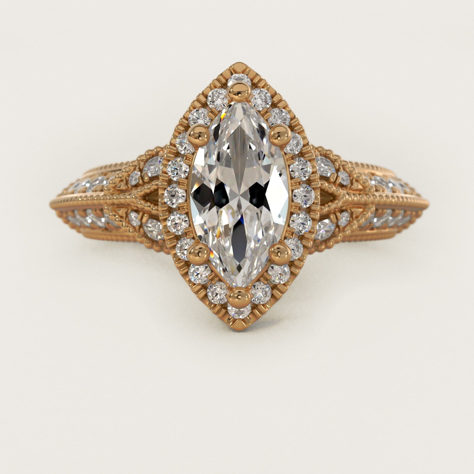 Vintage Inspired Halo Diamond Engagement Ring in 14K Yellow Gold By Zac Zac Posen - Marquise Center