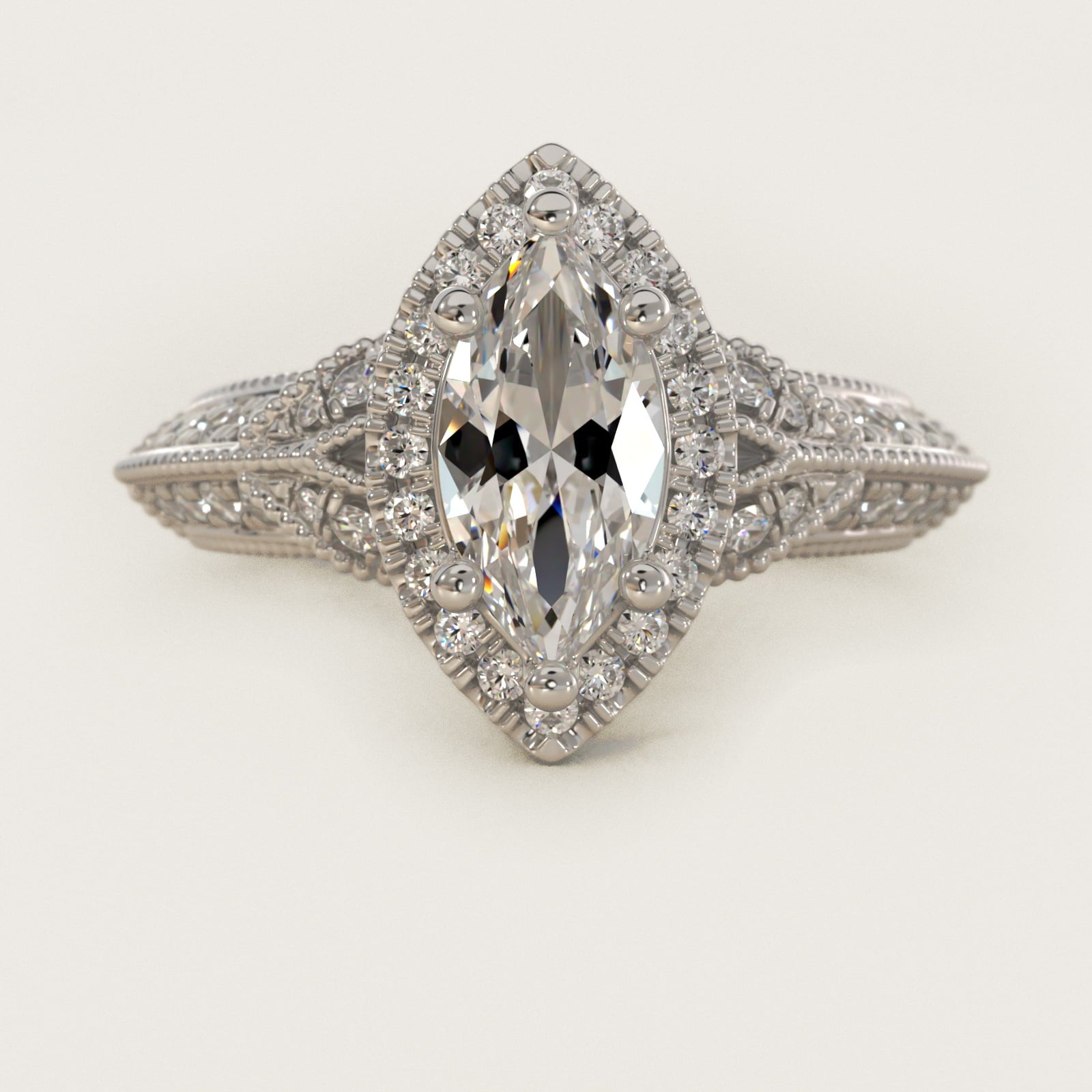 Vintage Inspired Halo Diamond Engagement Ring in Platinum By Zac Zac Posen - Marquise Center