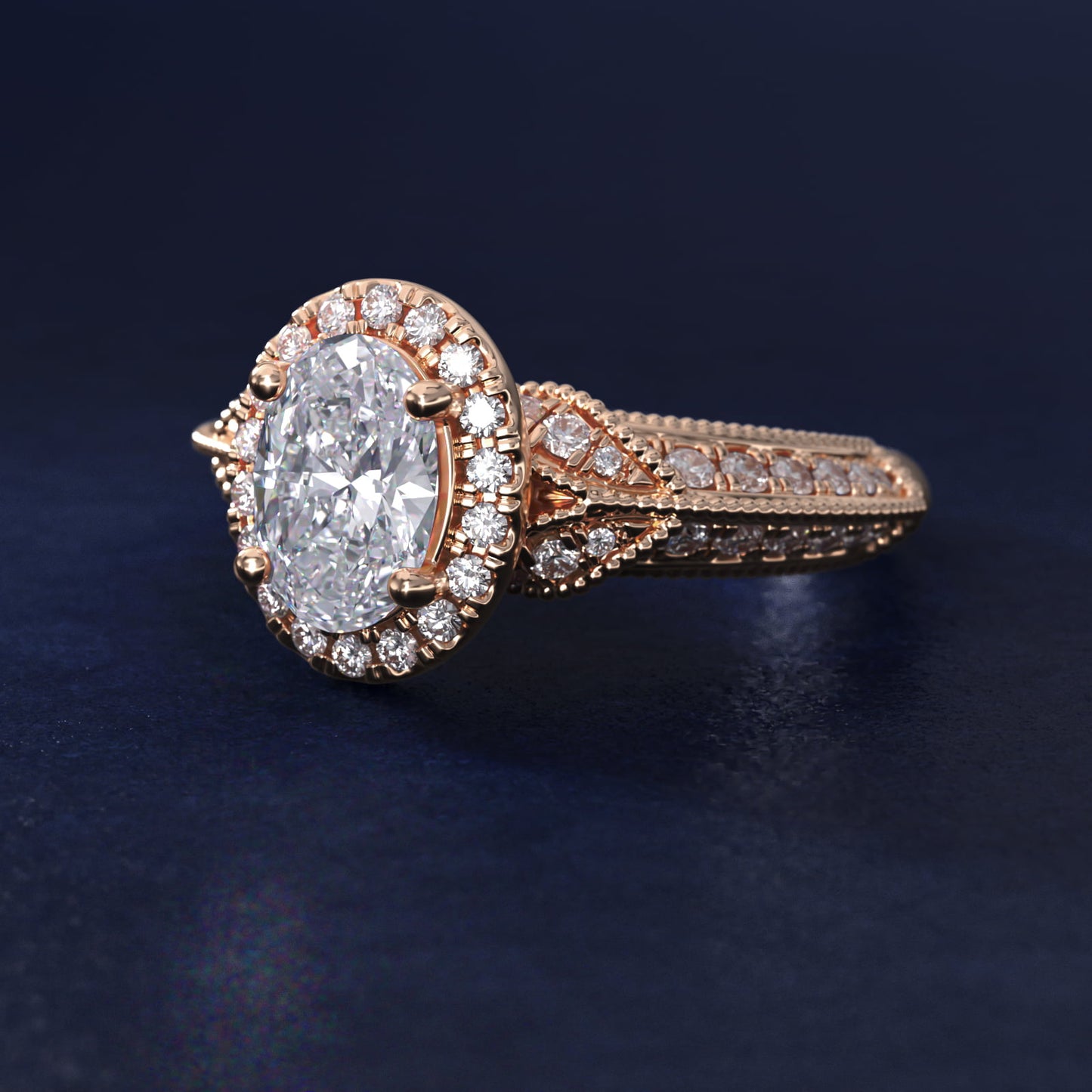 Vintage Inspired Halo Diamond Engagement Ring in 14k Rose Gold By Zac Zac Posen - Oval Center
