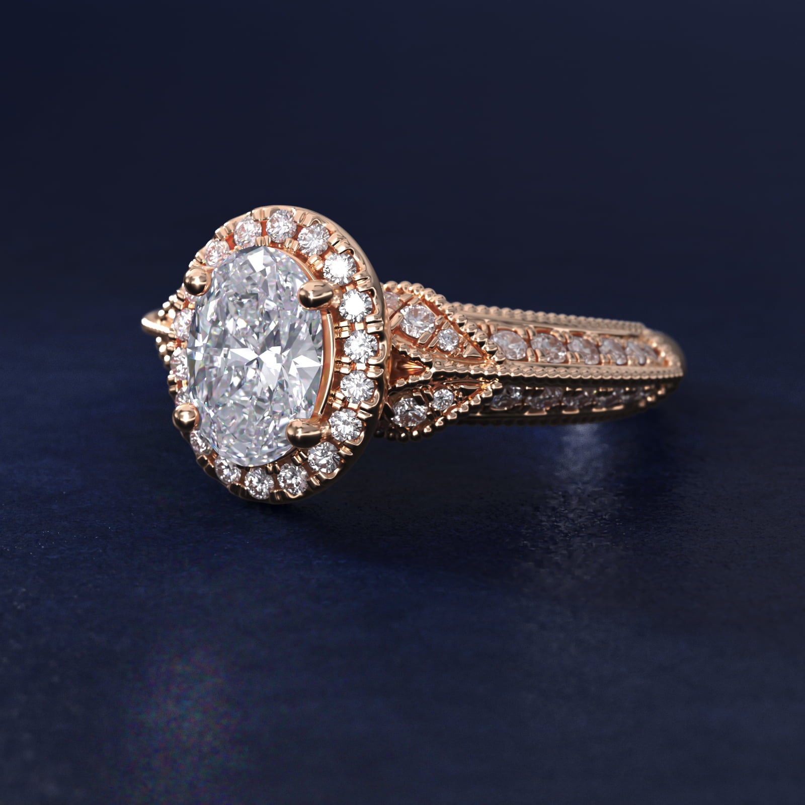 Vintage Inspired Halo Diamond Engagement Ring in 14k Rose Gold By Zac Zac Posen - Oval Center