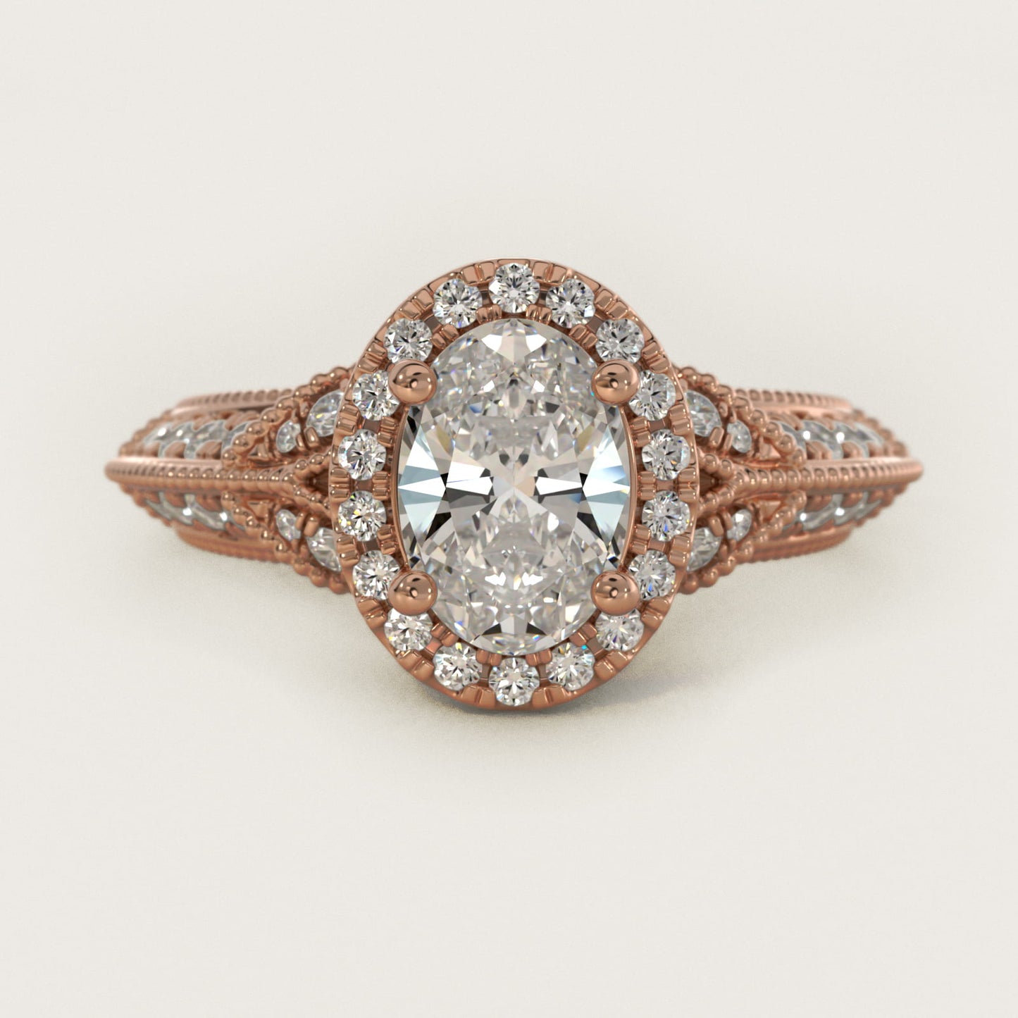 Vintage Inspired Halo Diamond Engagement Ring in 14k Rose Gold By Zac Zac Posen - Oval Center