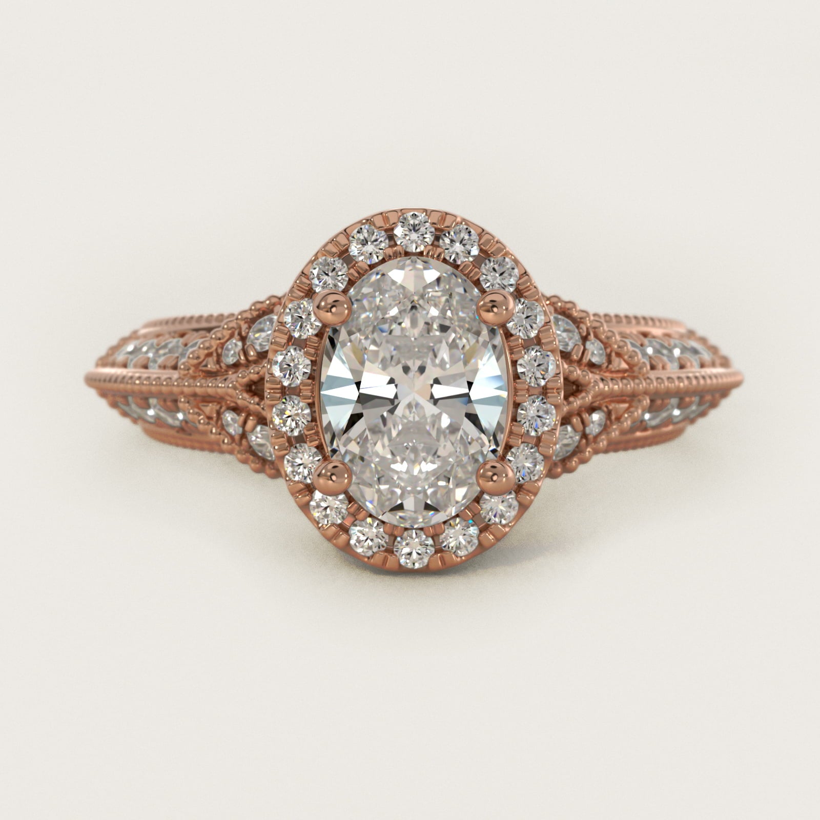 Vintage Inspired Halo Diamond Engagement Ring in 14k Rose Gold By Zac Zac Posen - Oval Center