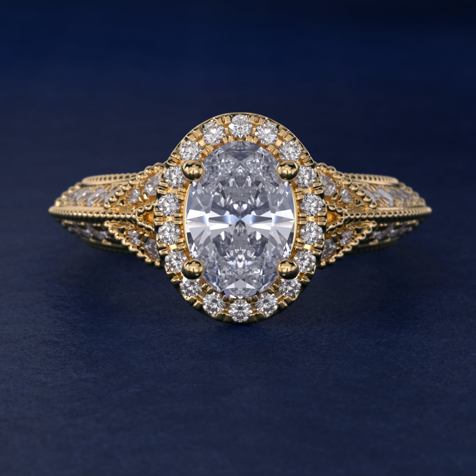 Vintage Inspired Halo Diamond Engagement Ring in 14K Yellow Gold By Zac Zac Posen - Oval Center