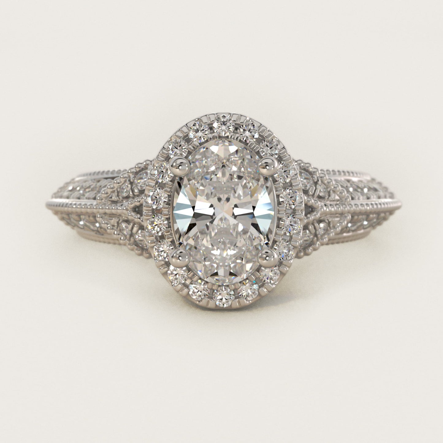 Vintage Inspired Halo Diamond Engagement Ring in Platinum By Zac Zac Posen - Oval Center