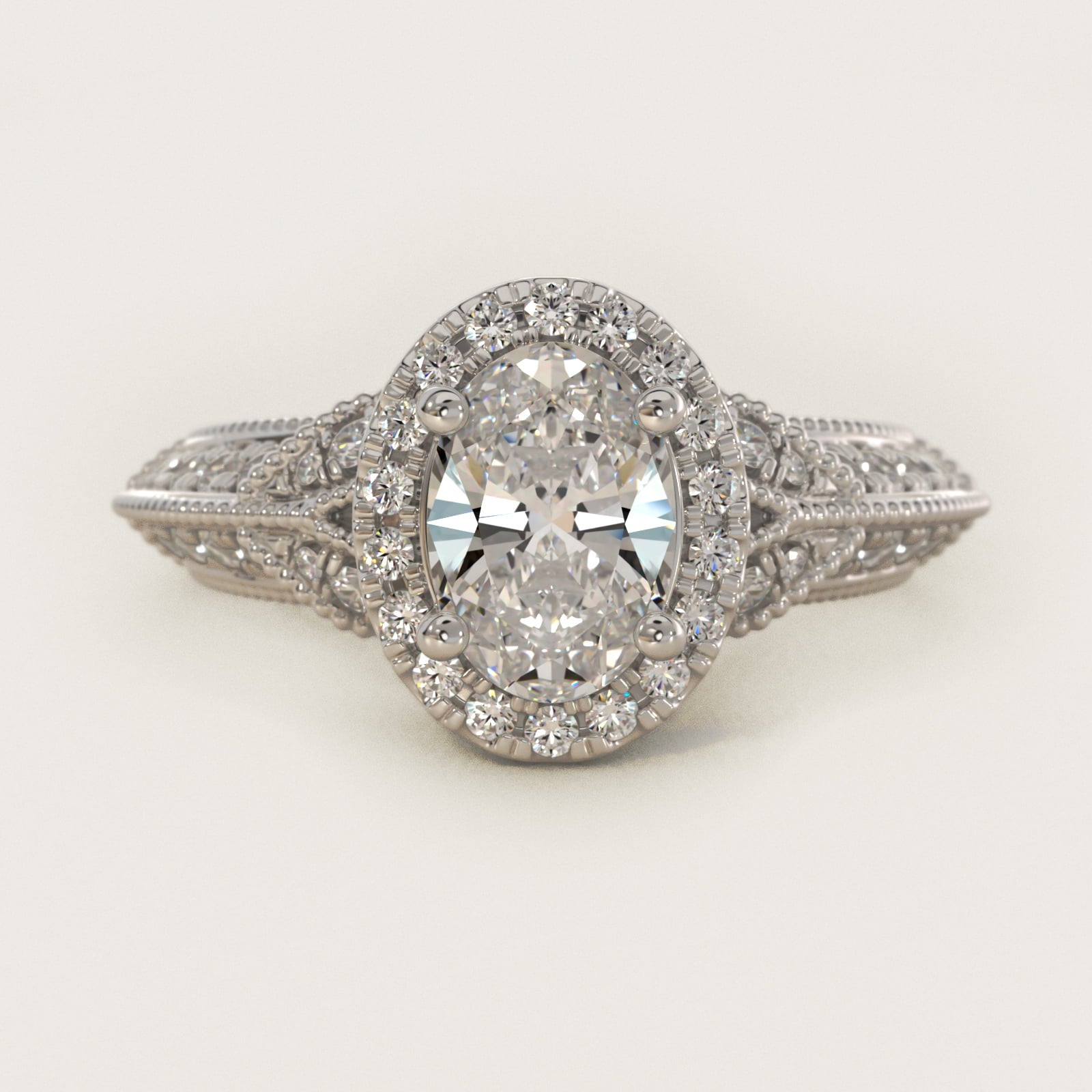 Vintage Inspired Halo Diamond Engagement Ring in Platinum By Zac Zac Posen - Oval Center