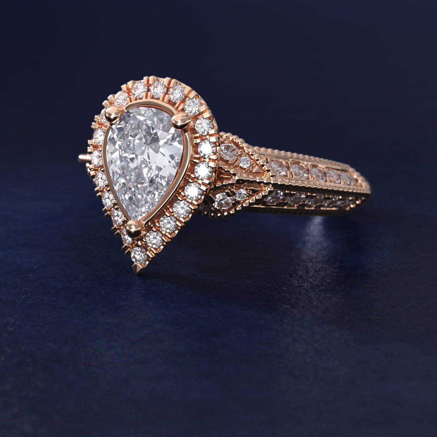 Vintage Inspired Halo Diamond Engagement Ring in 18k Rose Gold By Zac Zac Posen - Pear Center