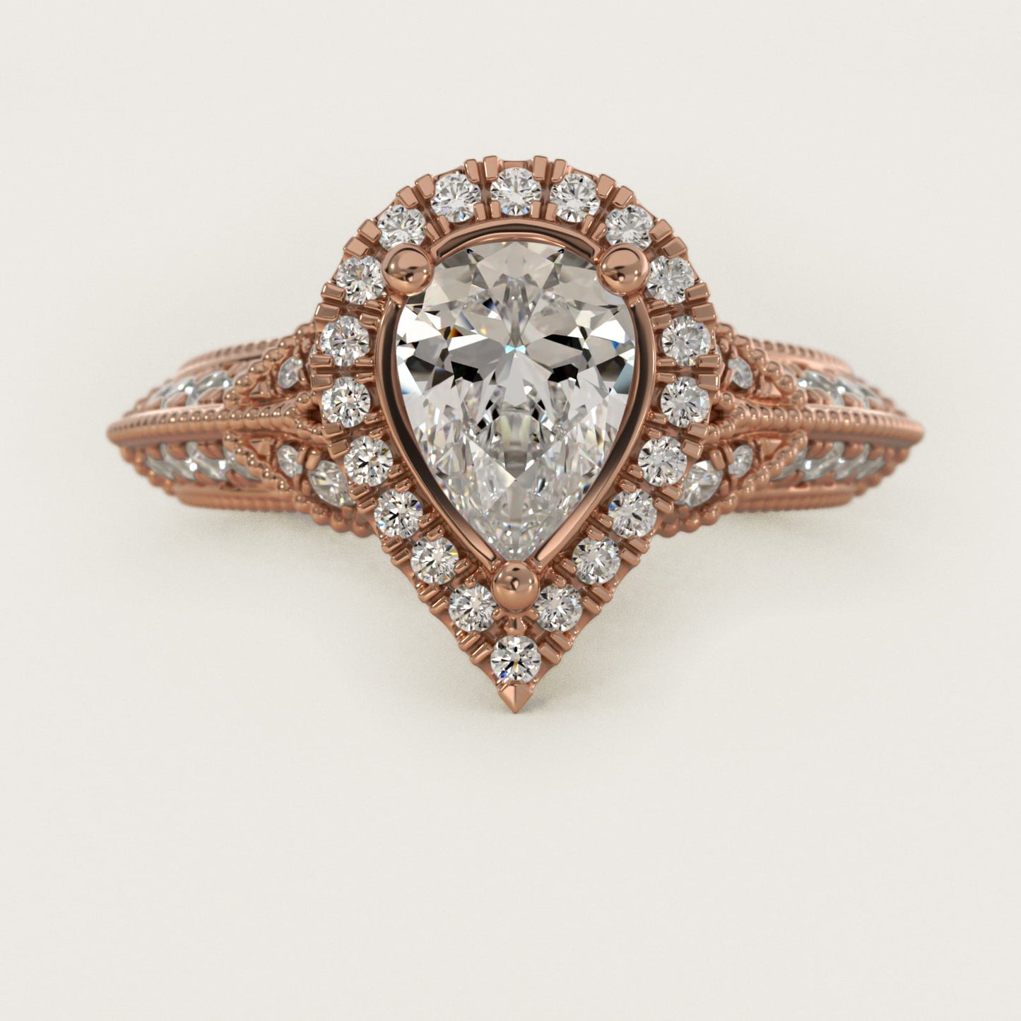 Vintage Inspired Halo Diamond Engagement Ring in 14k Rose Gold By Zac Zac Posen - Pear Center