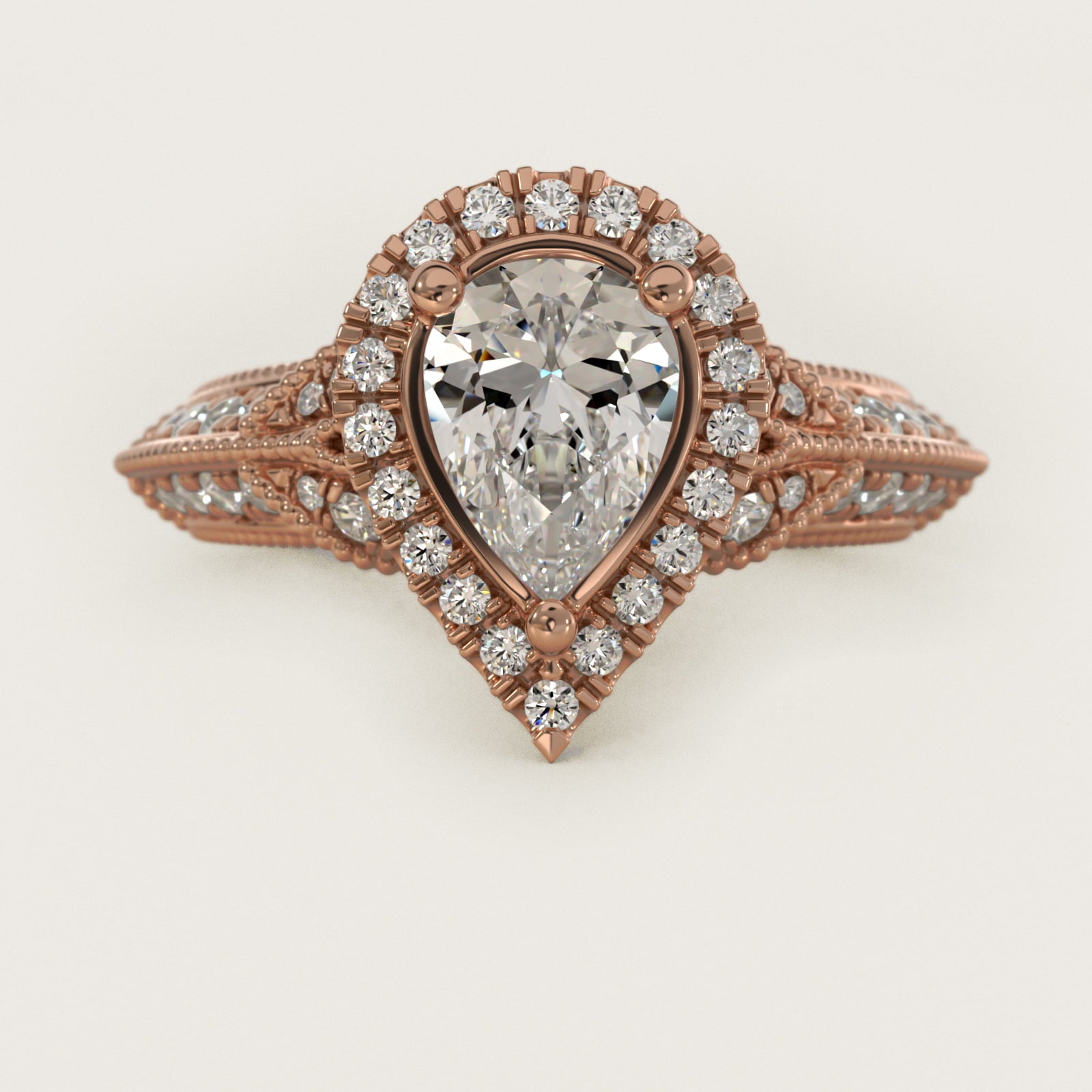 Vintage Inspired Halo Diamond Engagement Ring in 14k Rose Gold By Zac Zac Posen - Pear Center