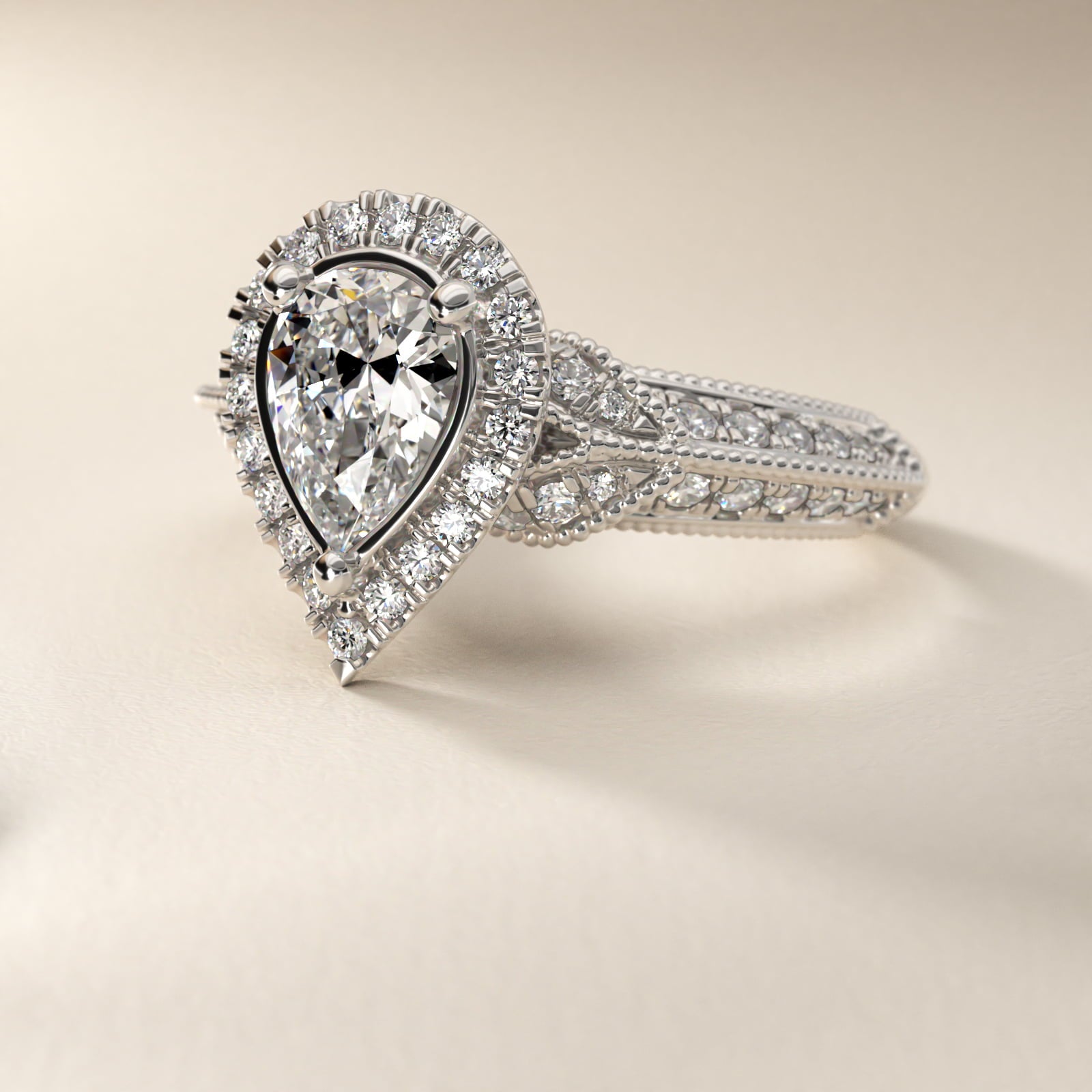 Vintage Inspired Halo Diamond Engagement Ring in 14k White Gold By Zac Zac Posen - Pear Center