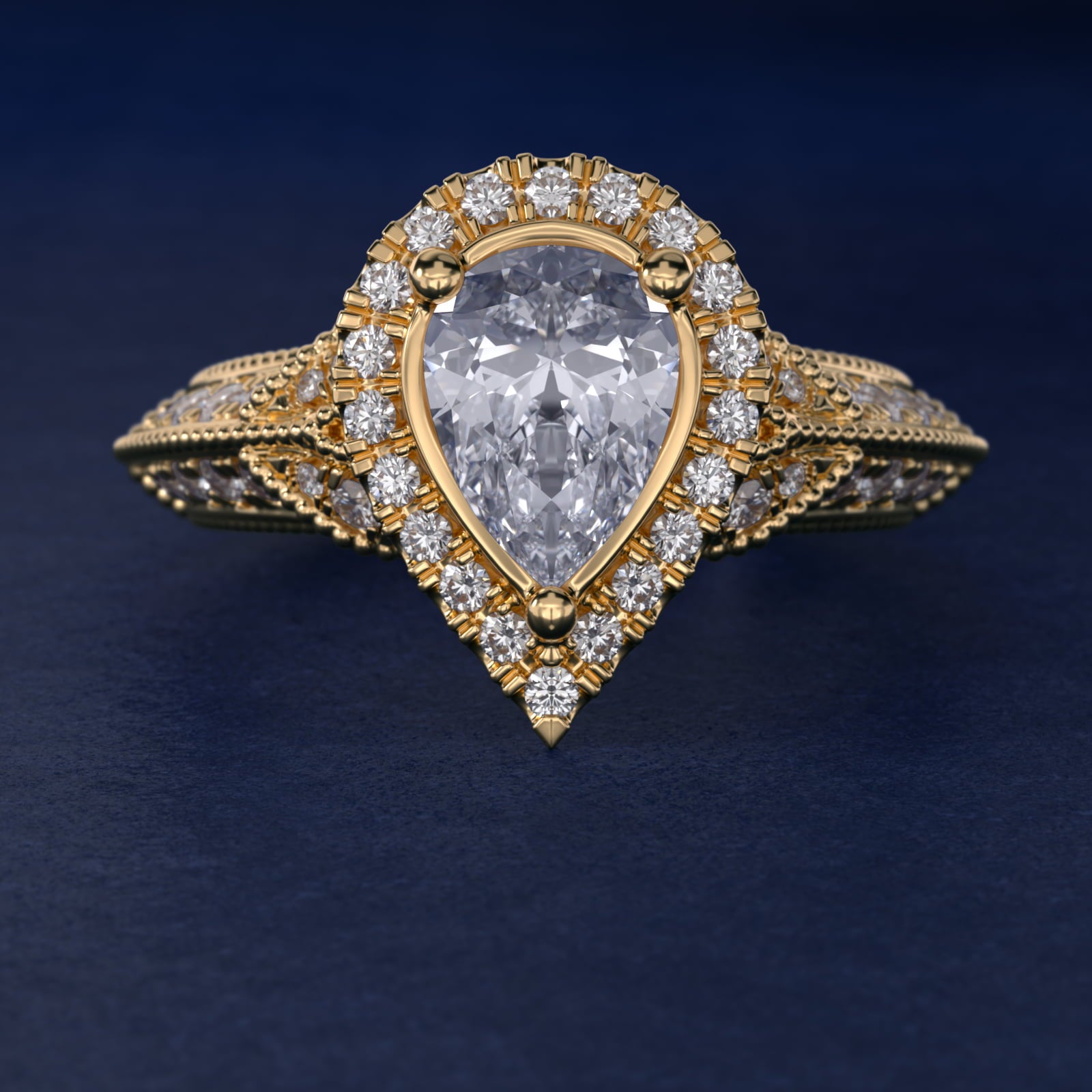 Vintage Inspired Halo Diamond Engagement Ring in 14K Yellow Gold By Zac Zac Posen - Pear Center