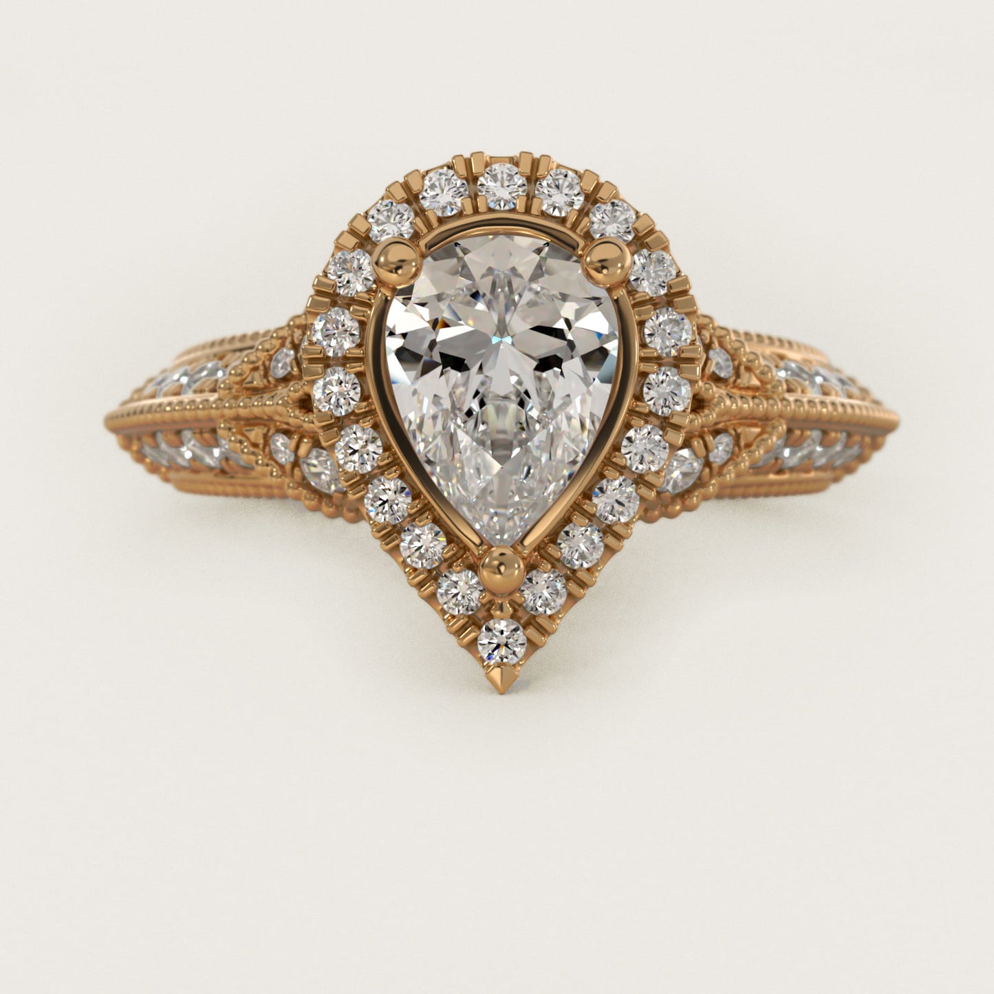 Vintage Inspired Halo Diamond Engagement Ring in 14K Yellow Gold By Zac Zac Posen - Pear Center