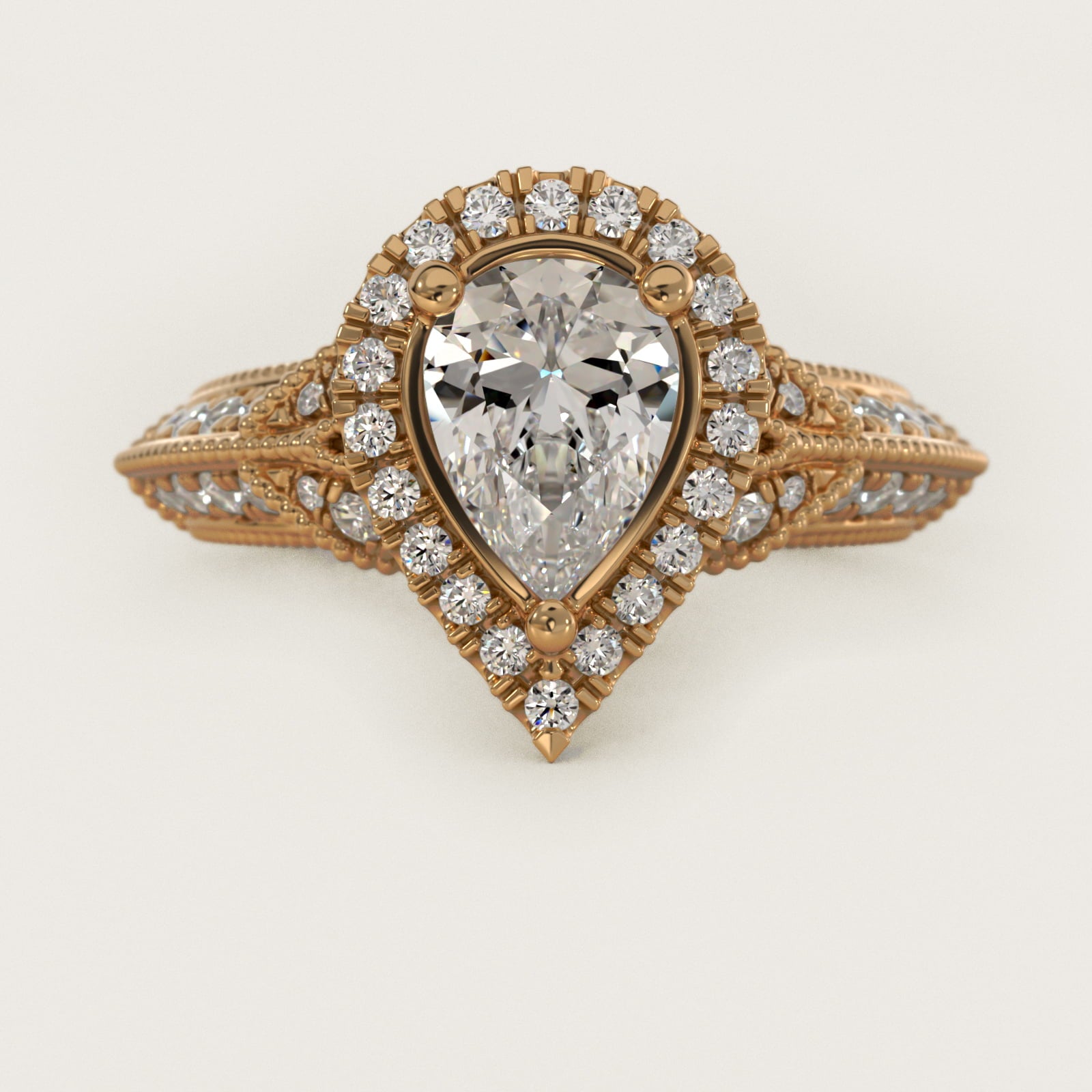 Vintage Inspired Halo Diamond Engagement Ring in 14K Yellow Gold By Zac Zac Posen - Pear Center