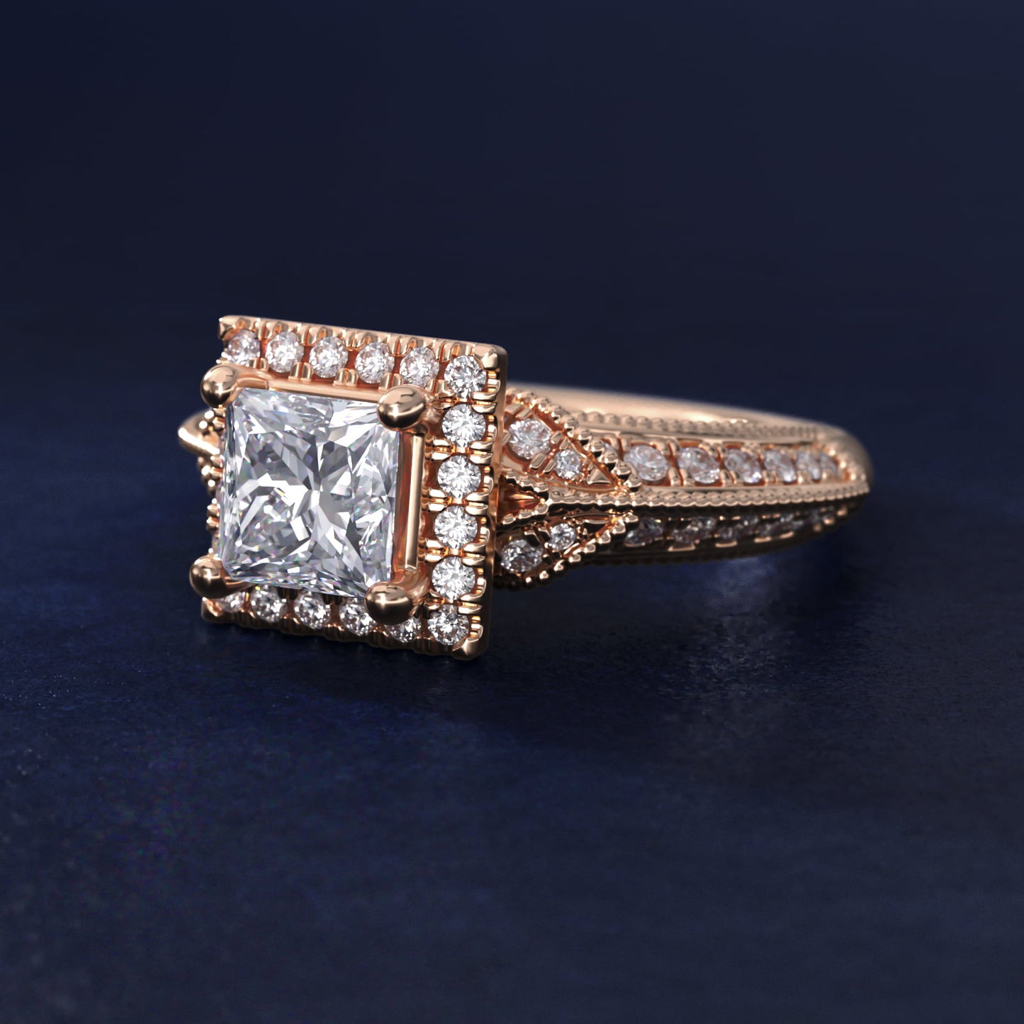 Vintage Inspired Halo Diamond Engagement Ring in 14k Rose Gold By Zac Zac Posen - Princess Center