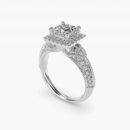 Vintage Inspired Halo Diamond Engagement Ring in 18k White Gold By Zac Zac Posen - Princess Center