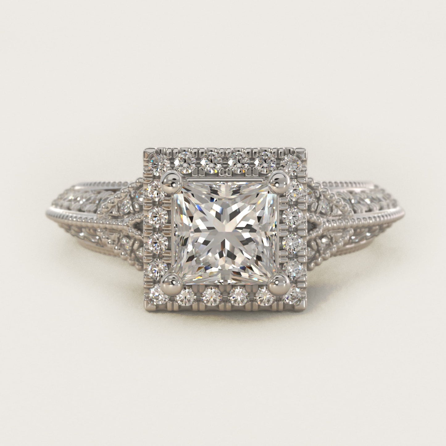 Vintage Inspired Halo Diamond Engagement Ring in 14k White Gold By Zac Zac Posen - Princess Center