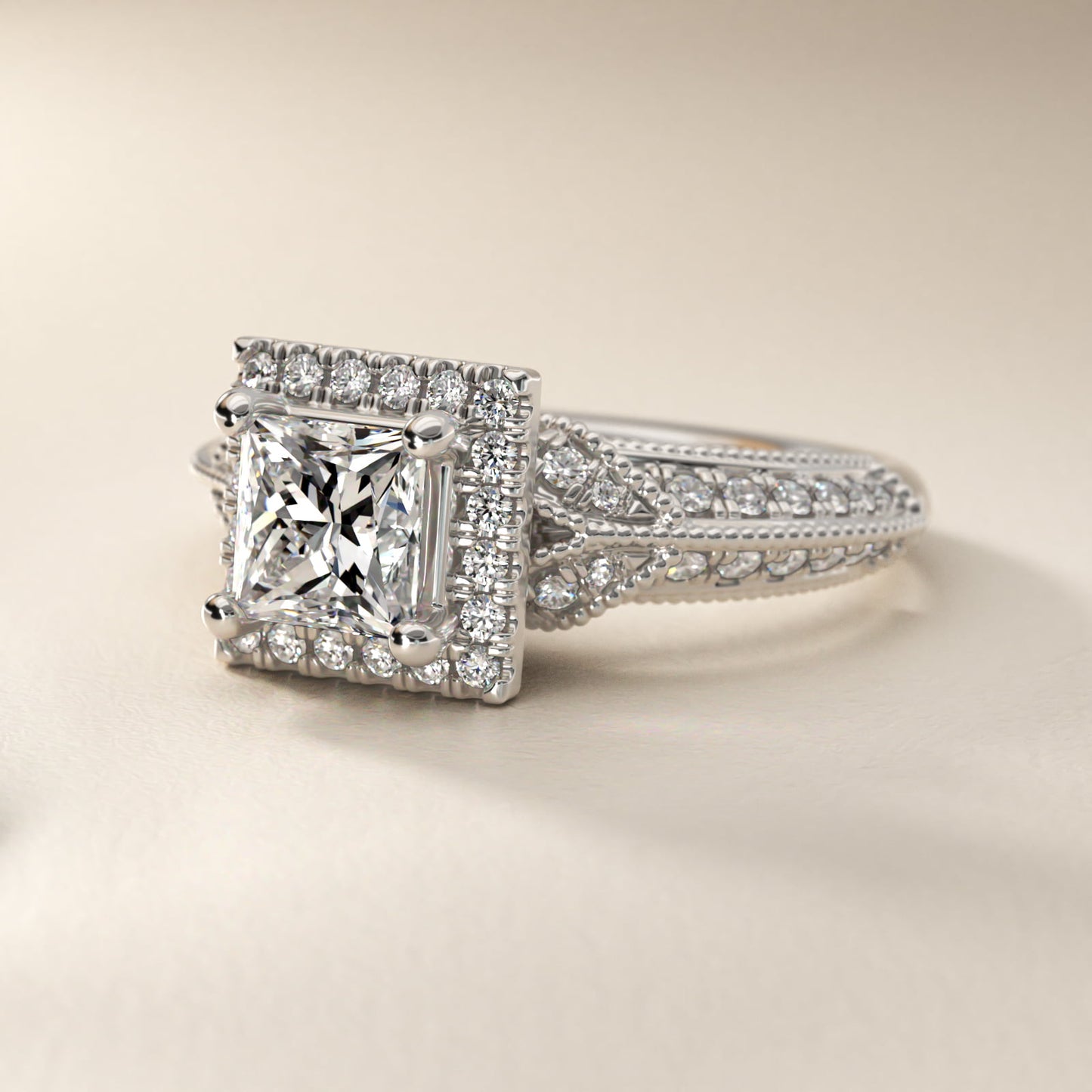 Vintage Inspired Halo Diamond Engagement Ring in 14k White Gold By Zac Zac Posen - Princess Center