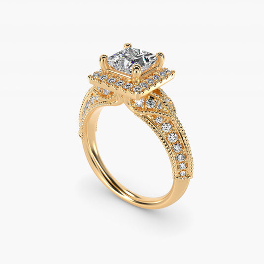Vintage Inspired Halo Diamond Engagement Ring in 18k Yellow Gold By Zac Zac Posen - Princess Center