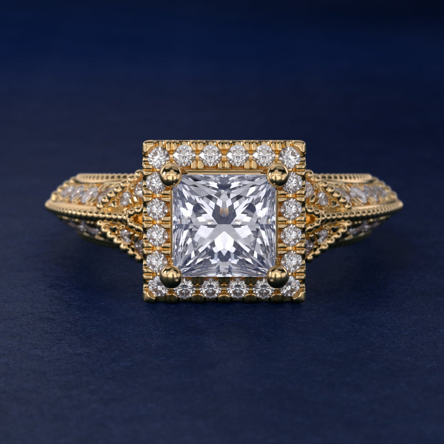 Vintage Inspired Halo Diamond Engagement Ring in 18k Yellow Gold By Zac Zac Posen - Princess Center