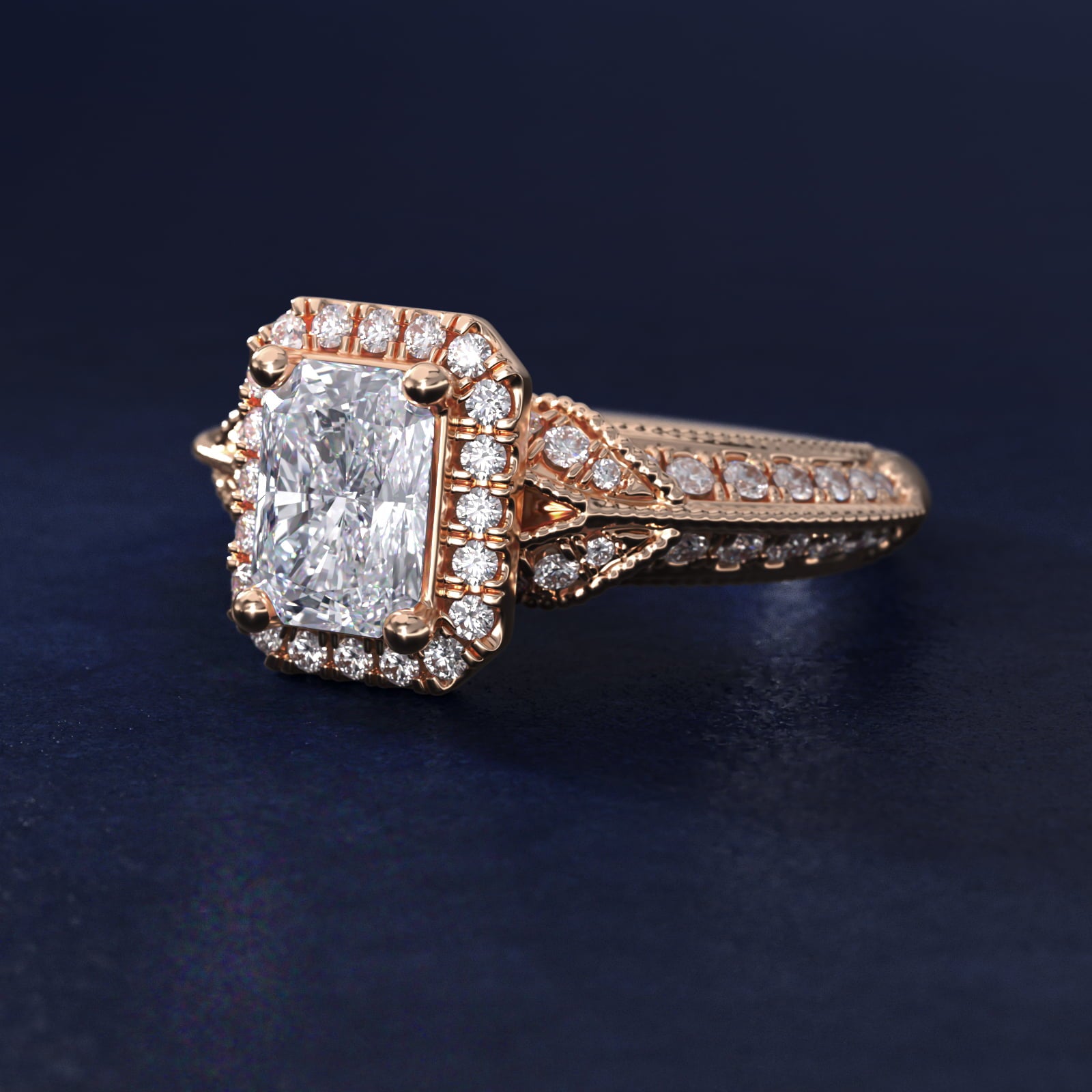 Vintage Inspired Halo Diamond Engagement Ring in 18k Rose Gold By Zac Zac Posen - Radiant Center
