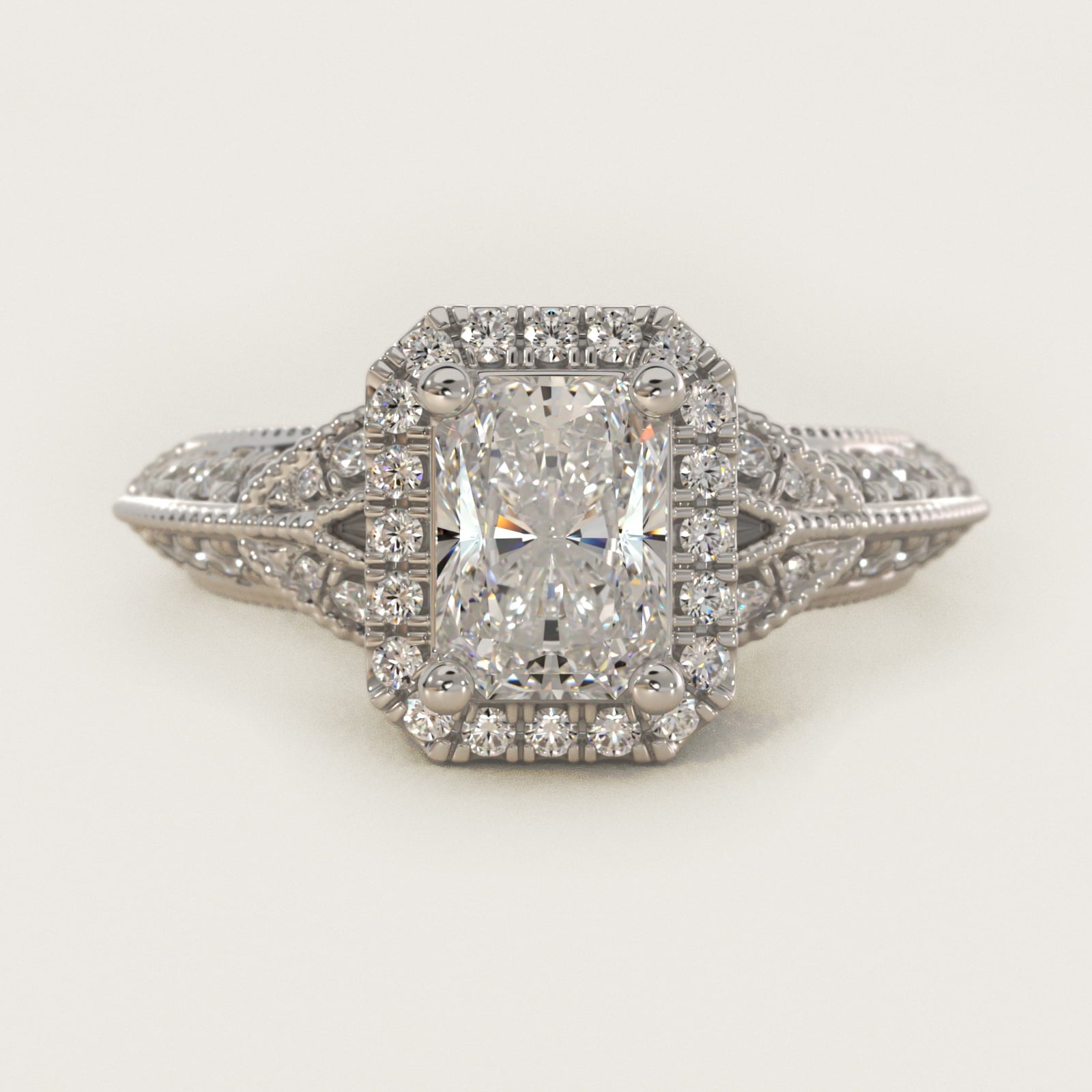 Vintage Inspired Halo Diamond Engagement Ring in 18k White Gold By Zac Zac Posen - Radiant Center
