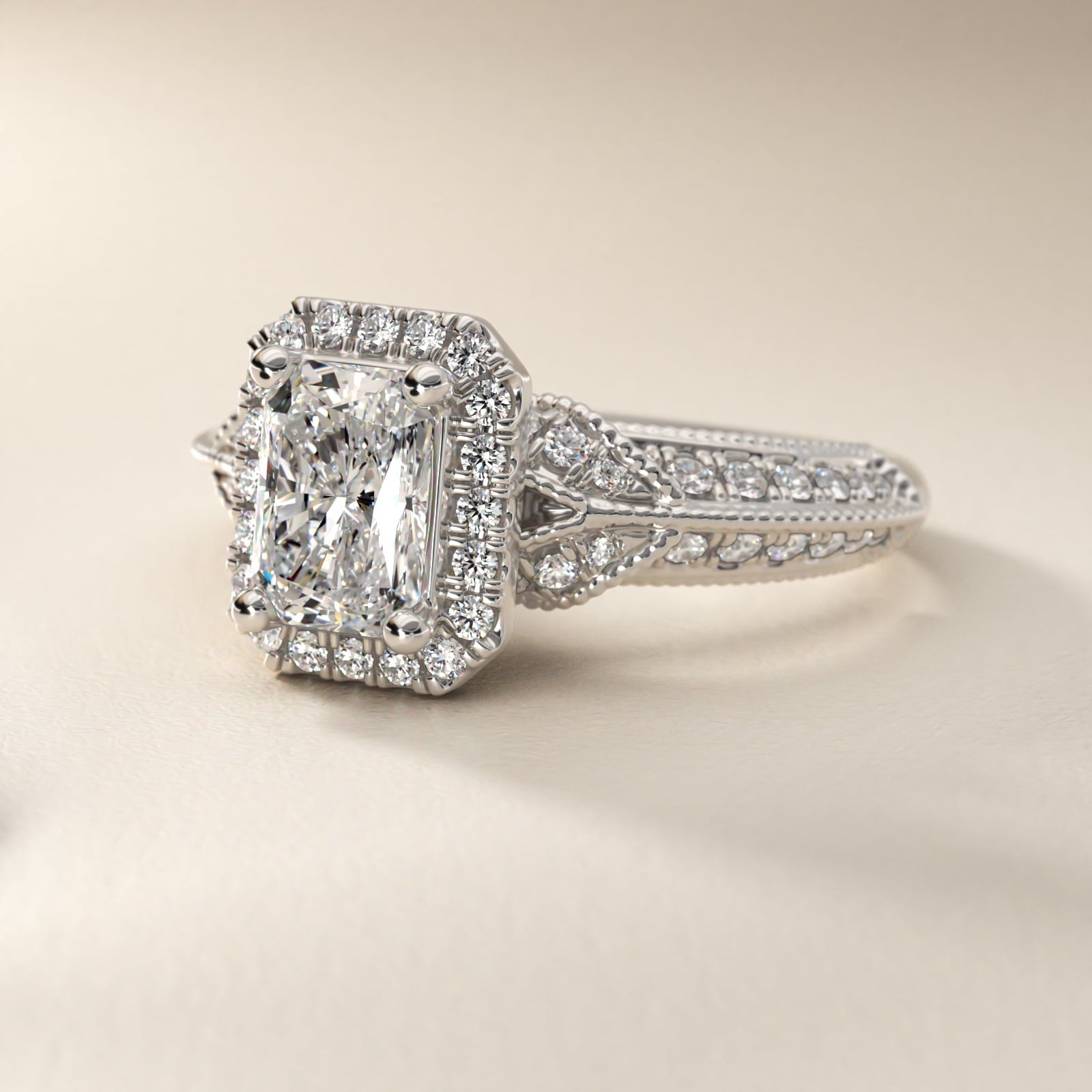 Vintage Inspired Halo Diamond Engagement Ring in 14k White Gold By Zac Zac Posen - Radiant Center