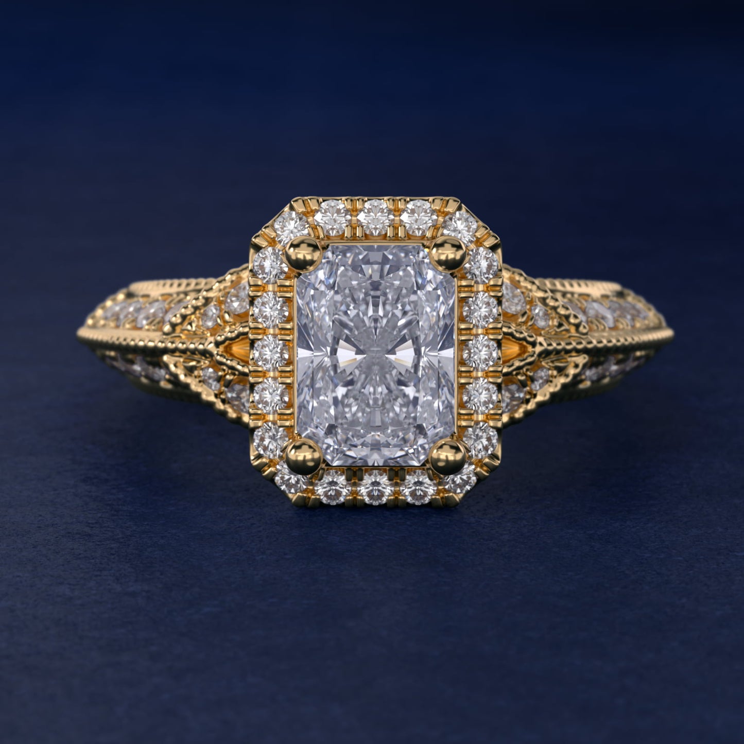 Vintage Inspired Halo Diamond Engagement Ring in 18k Yellow Gold By Zac Zac Posen - Radiant Center