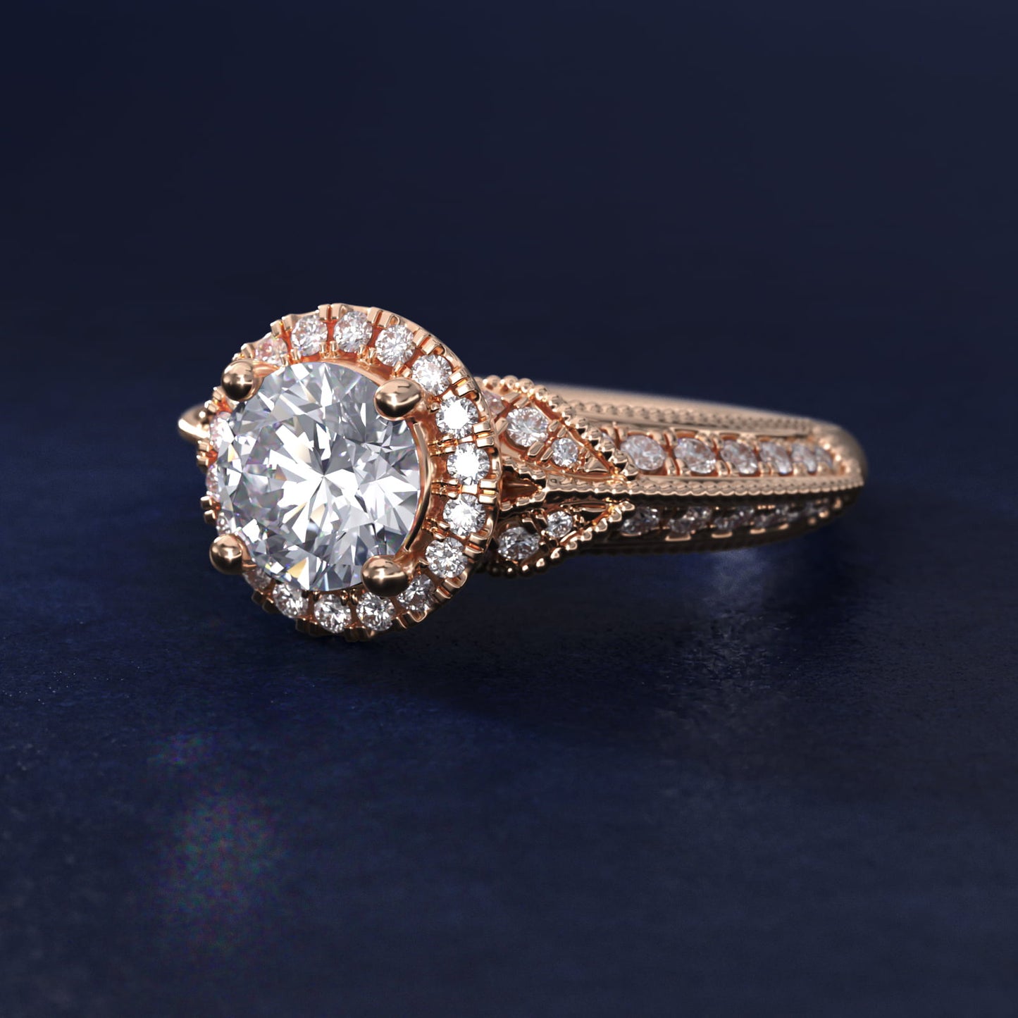 Vintage Inspired Halo Diamond Engagement Ring in 14k Rose Gold By Zac Zac Posen - Round Center
