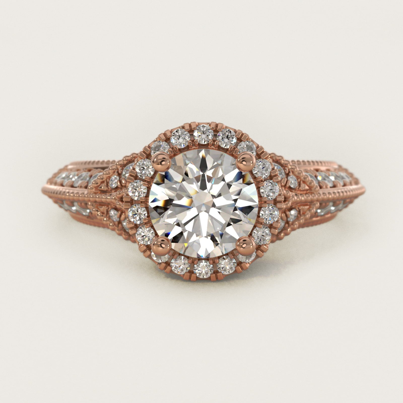 Vintage Inspired Halo Diamond Engagement Ring in 14k Rose Gold By Zac Zac Posen - Round Center